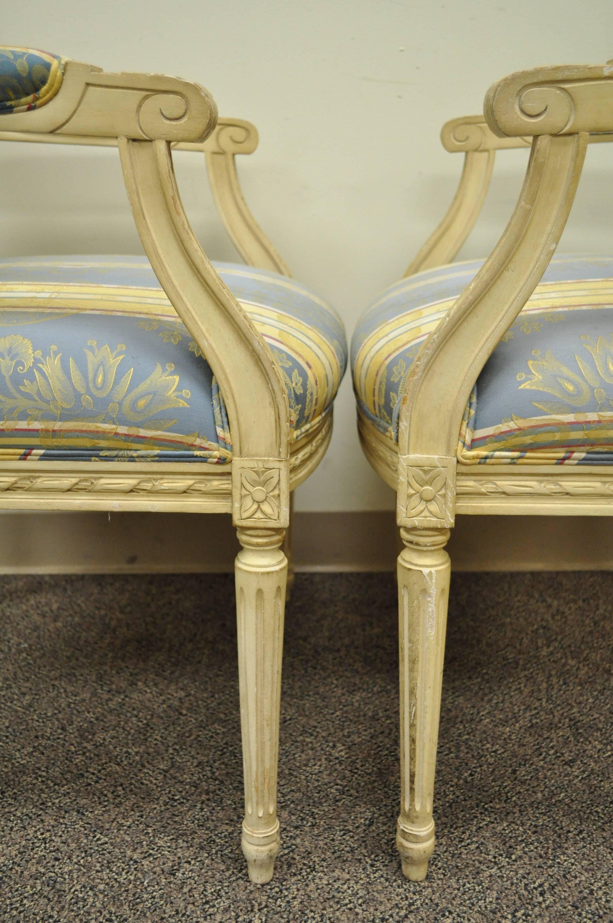 20th Century Pair of French Louis XVI Style Carved Cream Painted Fauteuil Dining Arm Chairs A