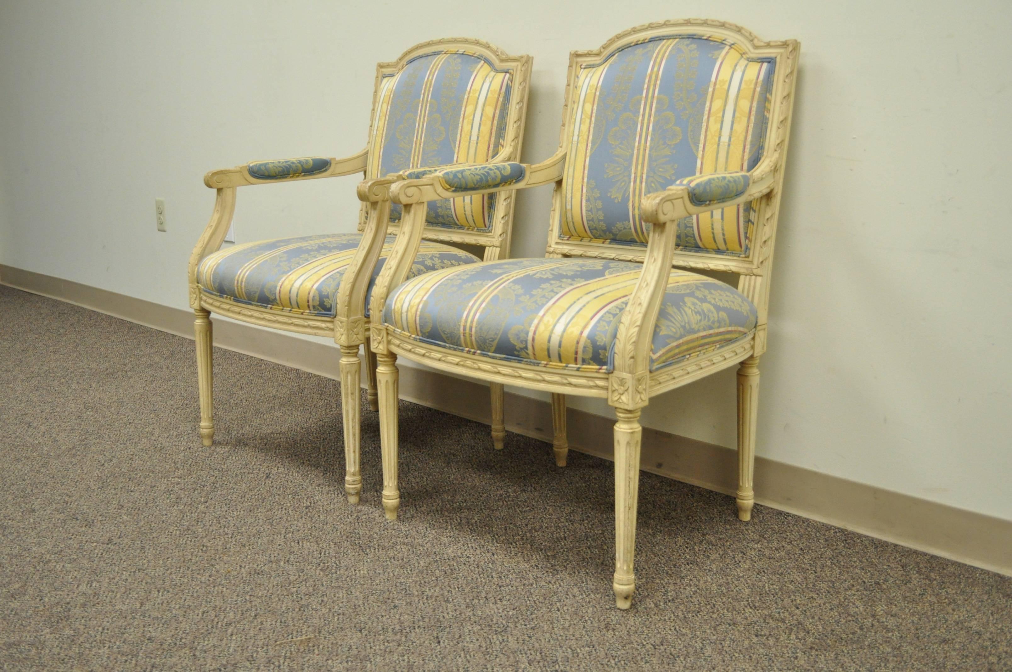 Pair of French Louis XVI Style Carved Cream Painted Fauteuil Dining Arm Chairs B 4