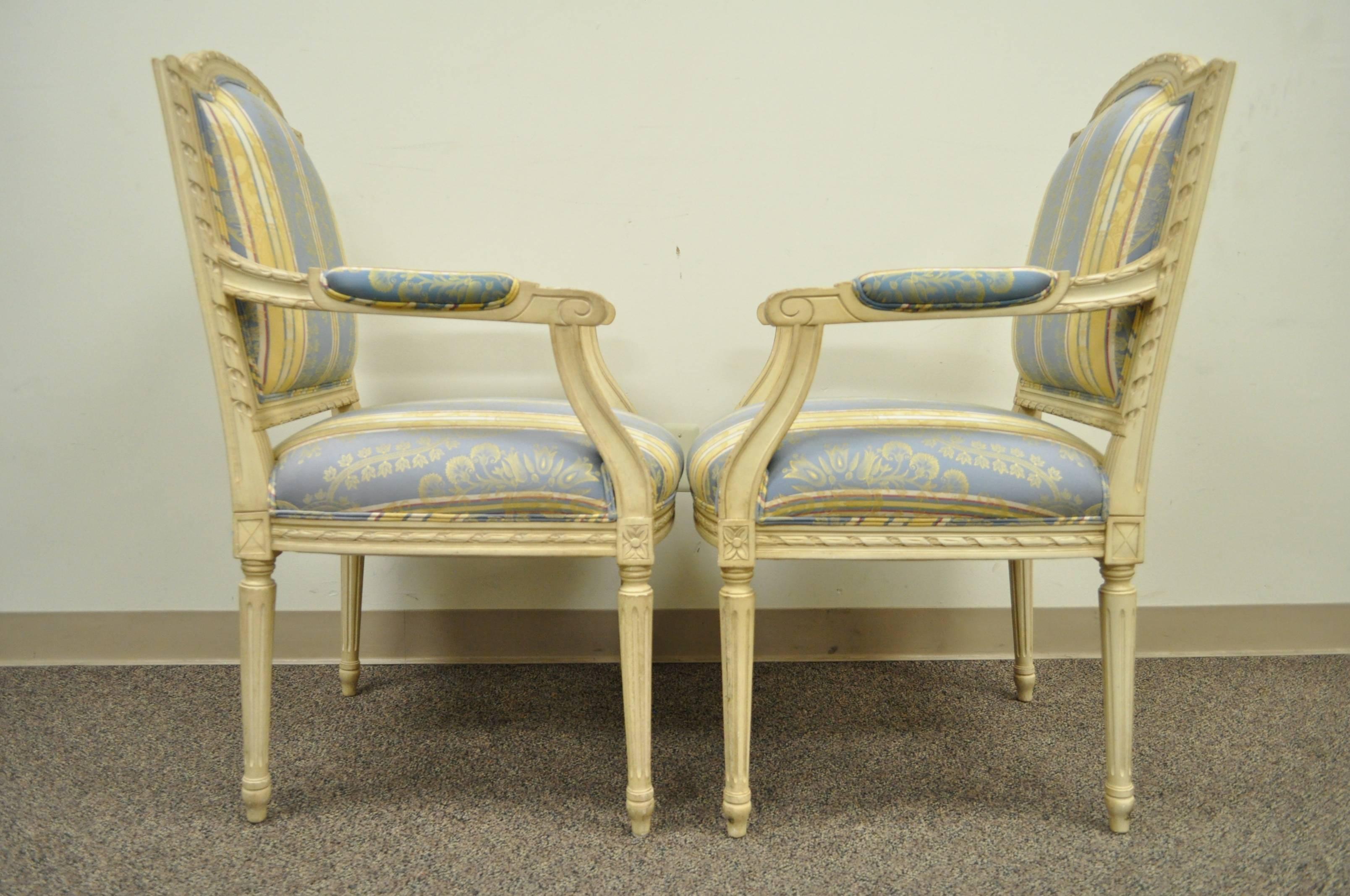 Pair of French Louis XVI Style Carved Cream Painted Fauteuil Dining Arm Chairs B 1