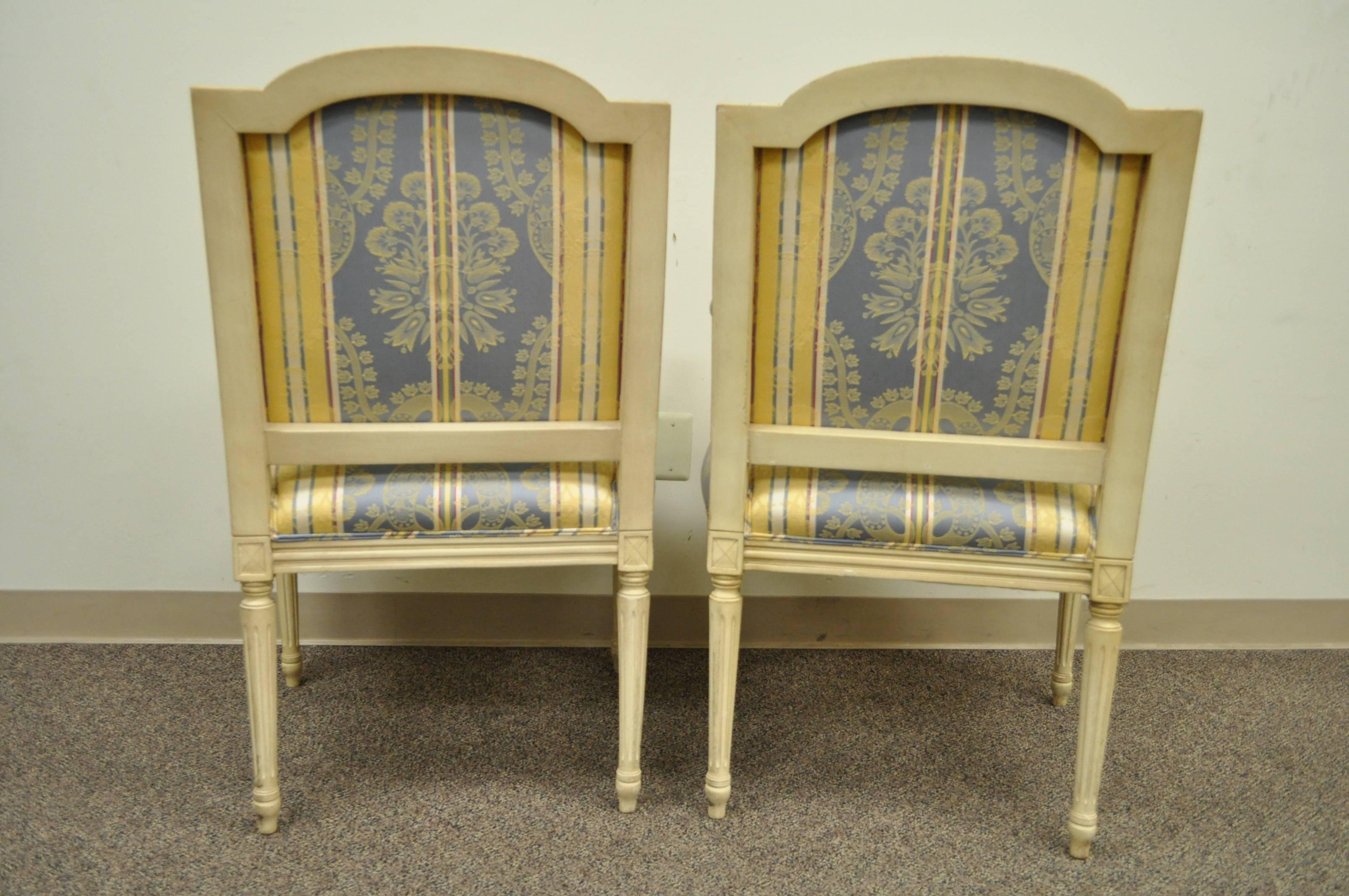 Pair of French Louis XVI Style Carved Cream Painted Fauteuil Dining Arm Chairs B 2