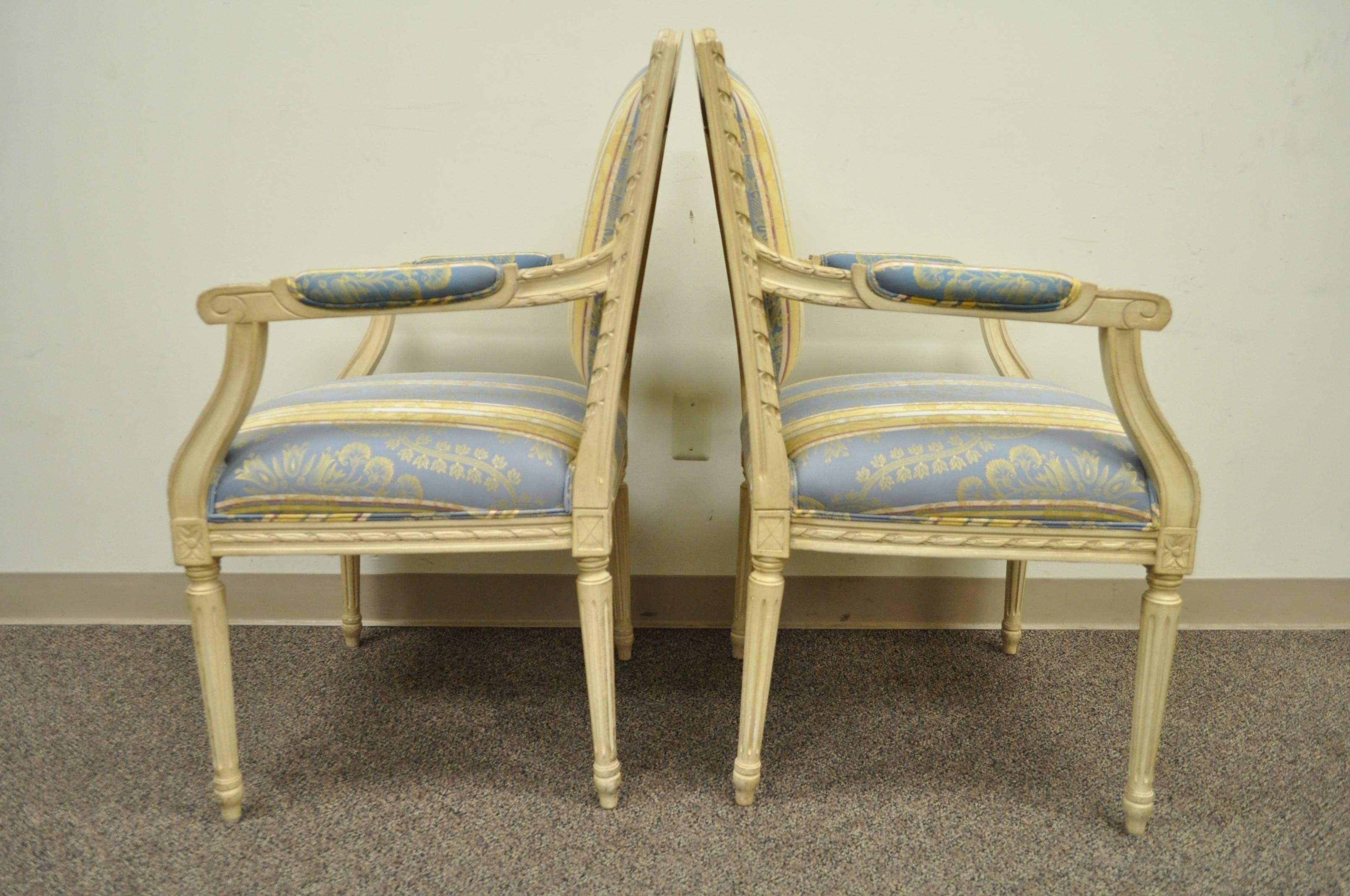 American Pair of French Louis XVI Style Carved Cream Painted Fauteuil Dining Arm Chairs B