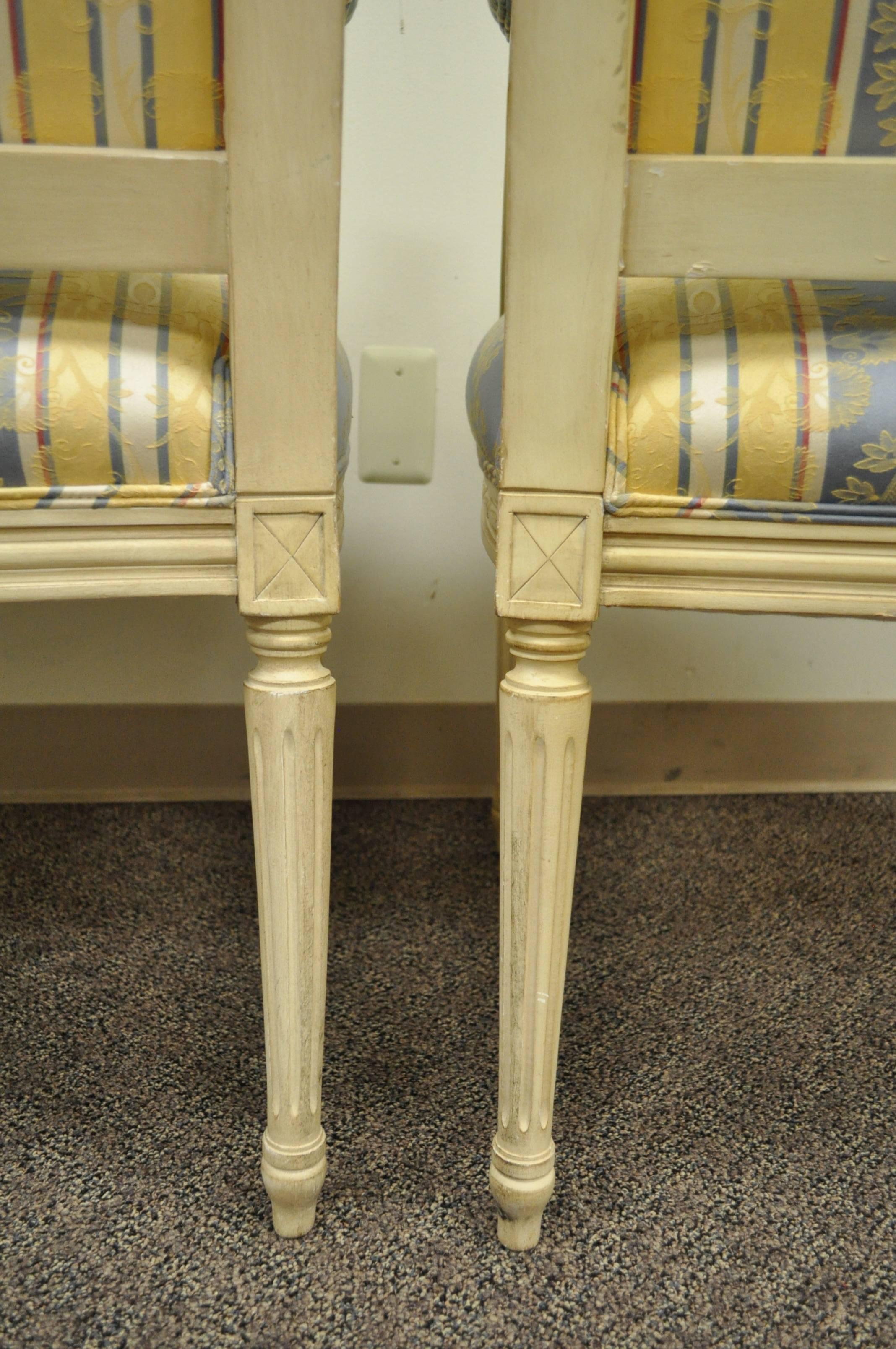 Fabric Pair of French Louis XVI Style Carved Cream Painted Fauteuil Dining Arm Chairs B