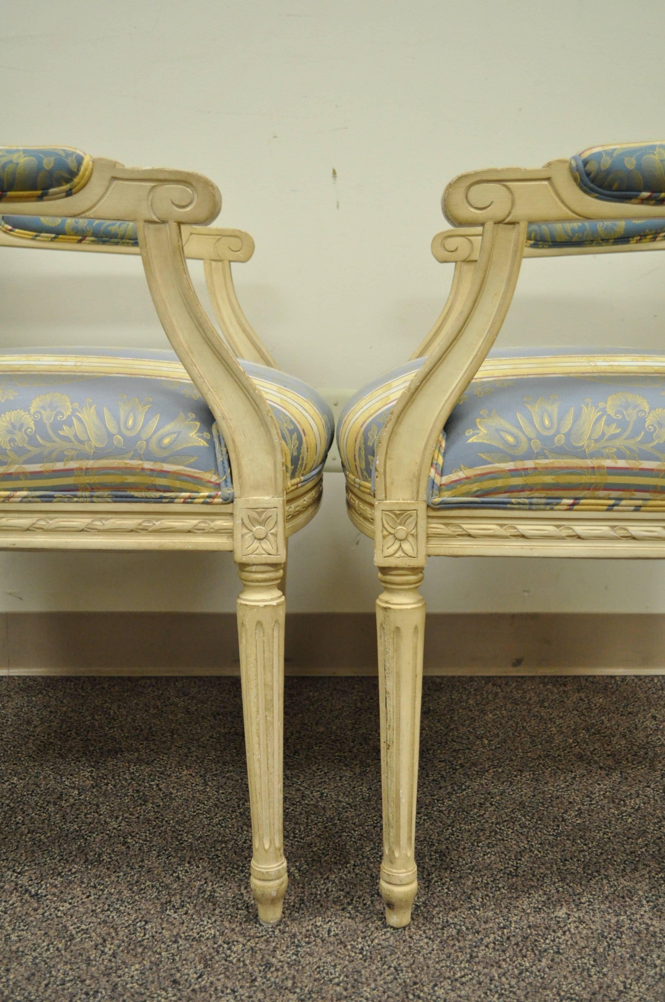 Pair of French Louis XVI Style Carved Cream Painted Fauteuil Dining Arm Chairs B In Good Condition In Philadelphia, PA