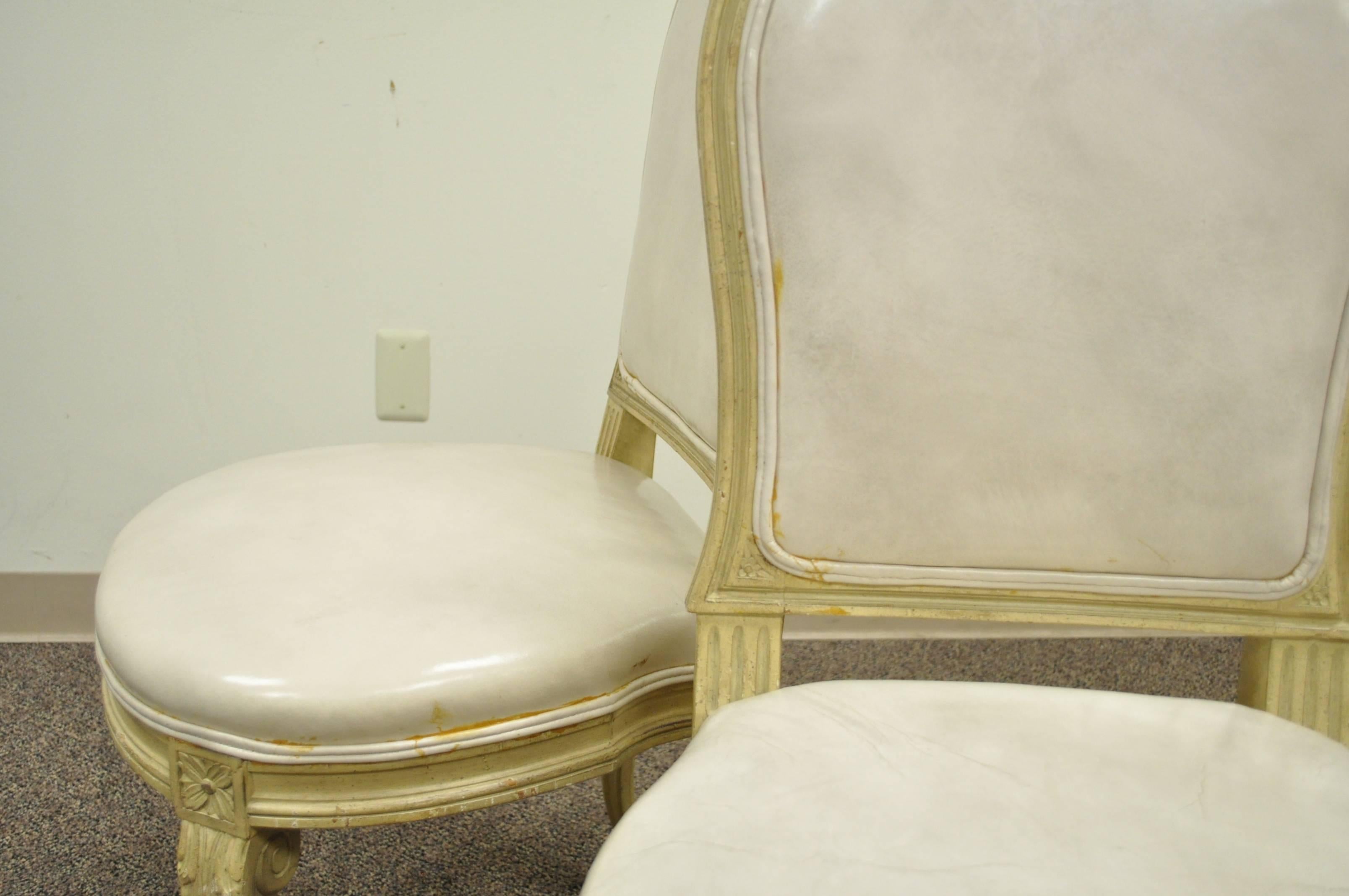 Set of 6 French Louis XV Style Carved & Painted Cream Leather Dining Chairs 1