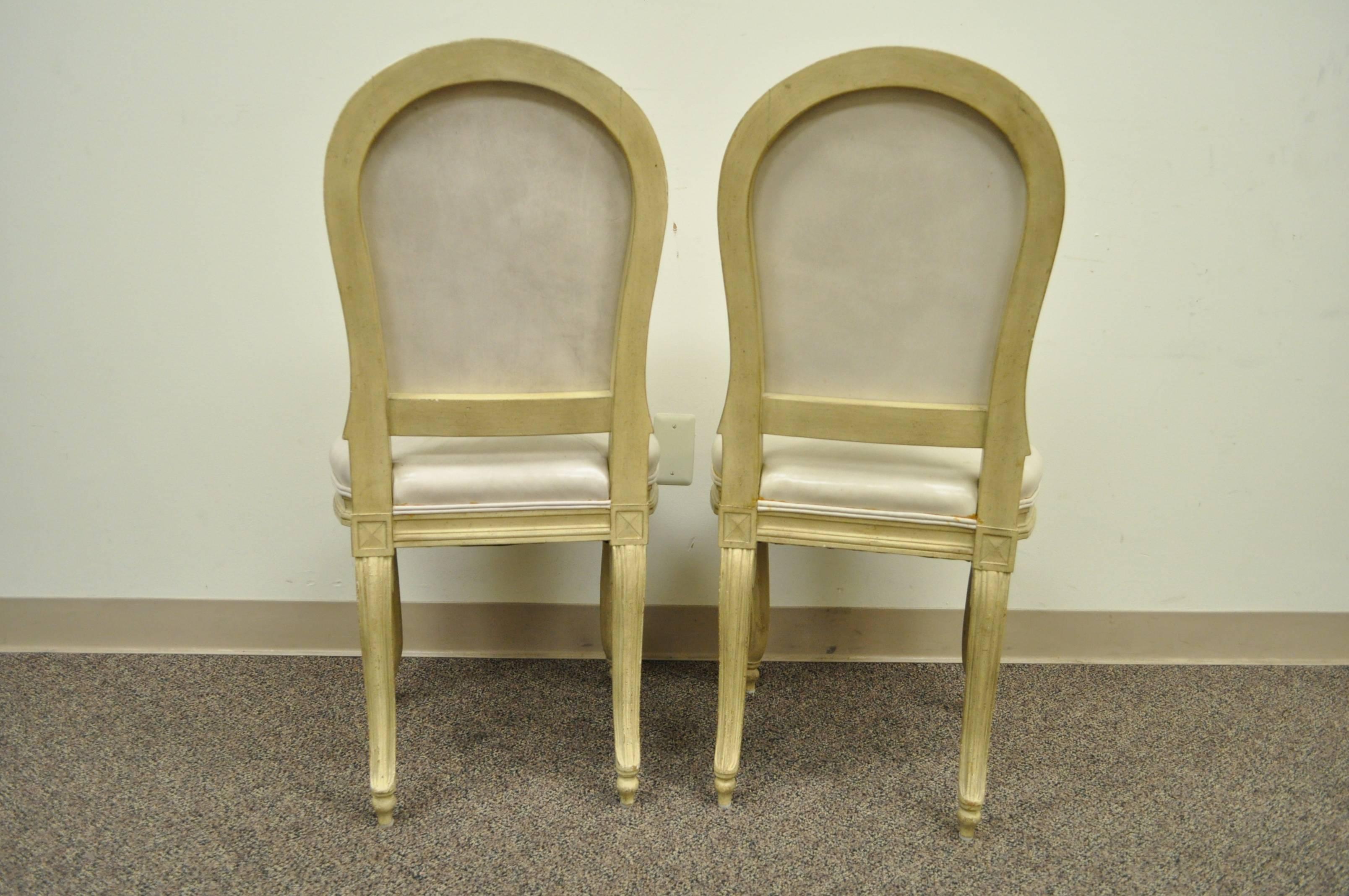 Set of 6 French Louis XV Style Carved & Painted Cream Leather Dining Chairs 2