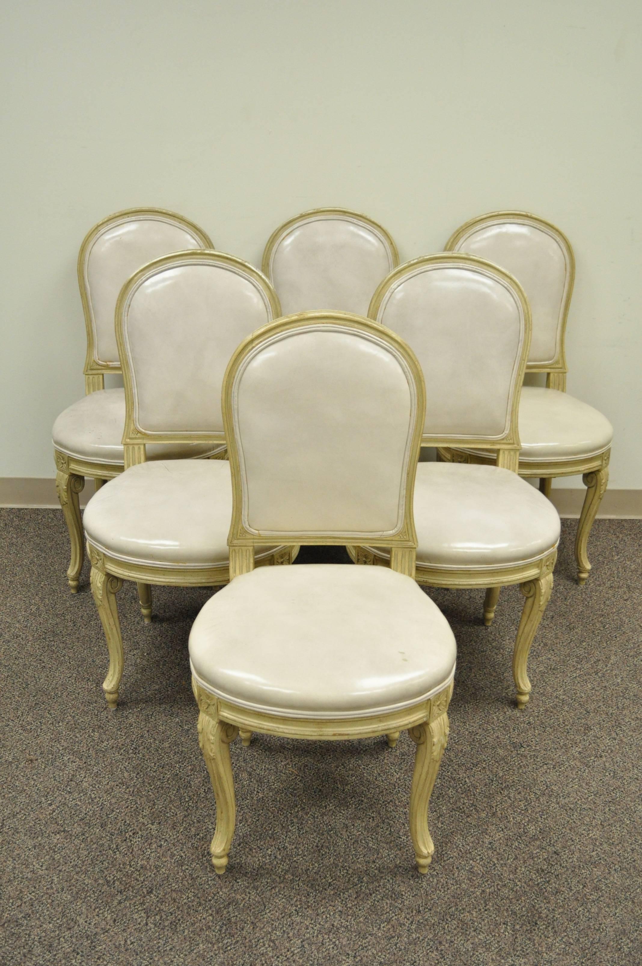 Set of 6 French Louis XV Style Carved & Painted Cream Leather Dining Chairs 3