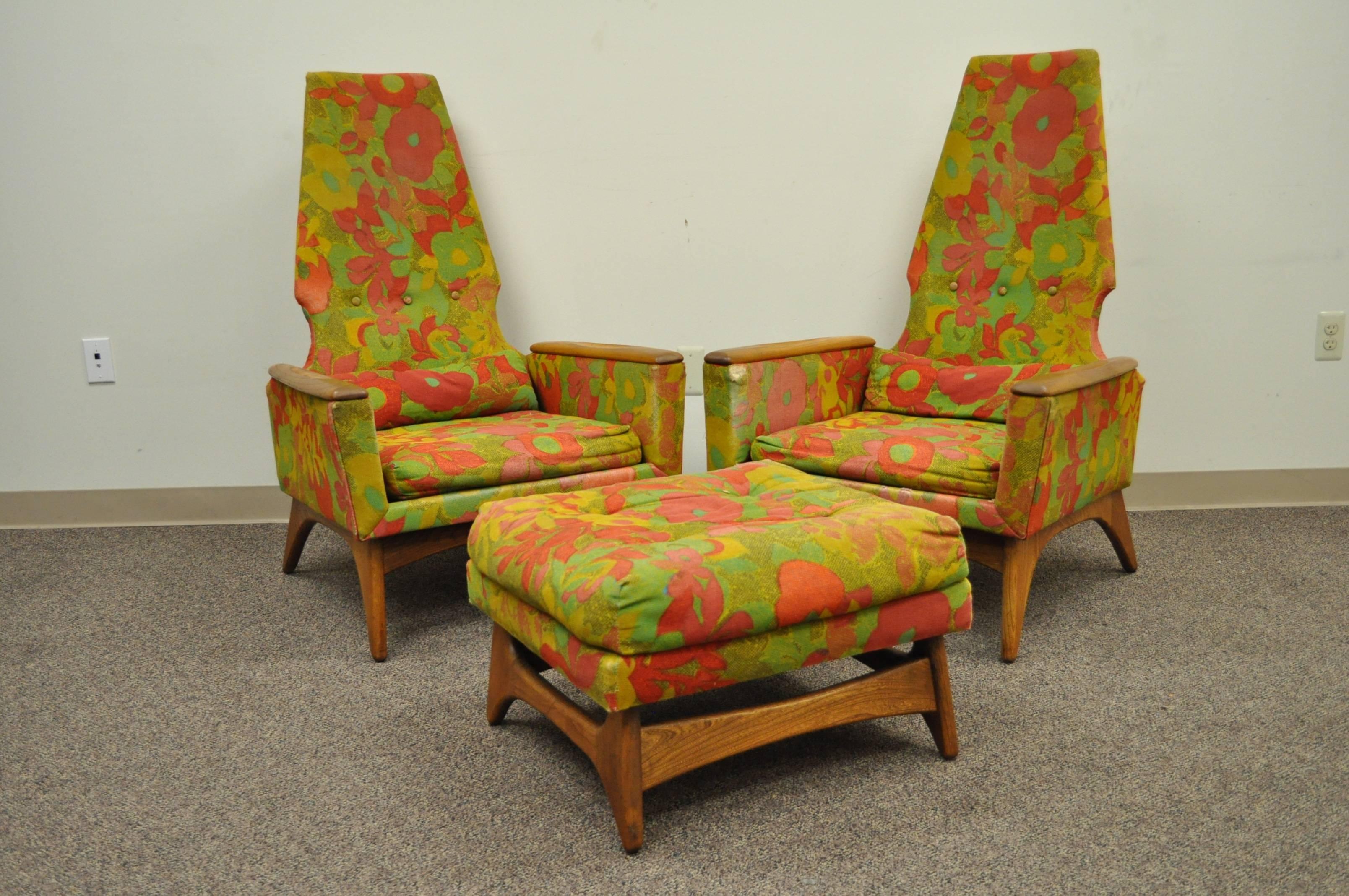 Fabric Pair Kroehler High Back Adrian Pearsall Style Walnut Lounge Chairs and Ottoman