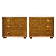 Pair of Campaign Style Bachelor Chests or Bedside Tables by Drexel Heritage