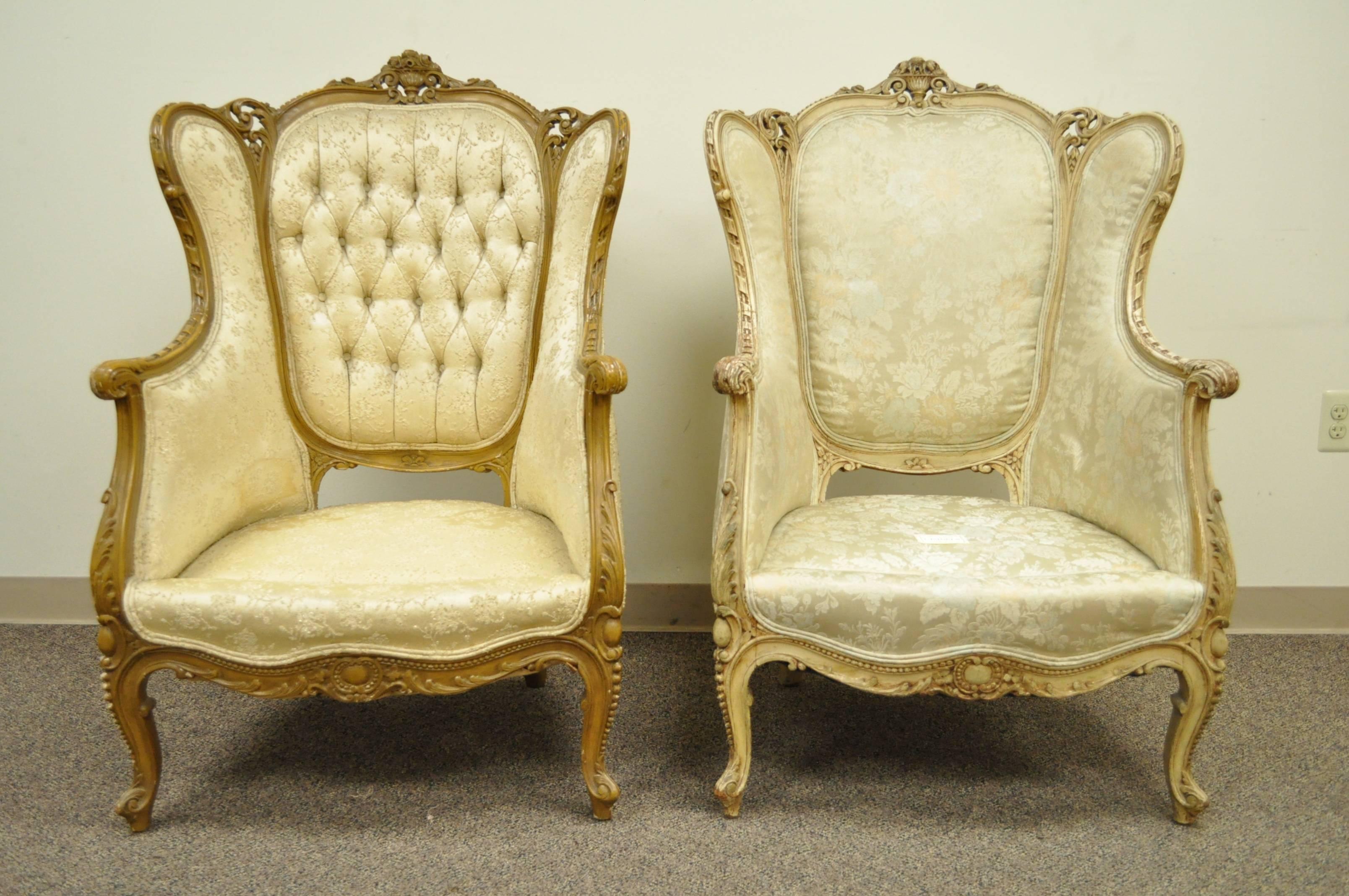 Pair of 1930's French Louis XV Style Carved Wingback Bergere Armchairs 4