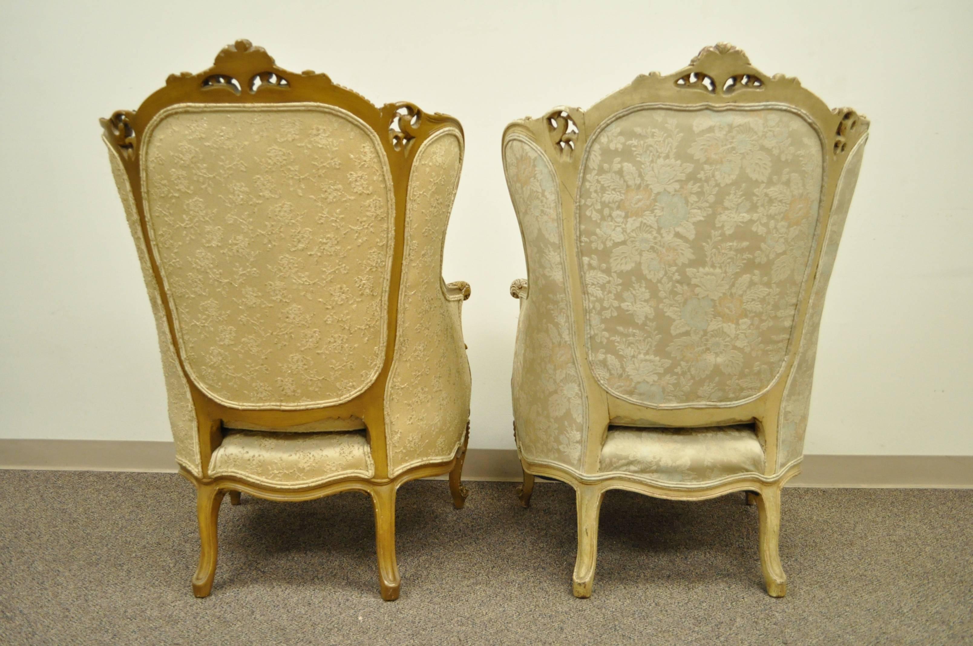 Pair of 1930's French Louis XV Style Carved Wingback Bergere Armchairs 3