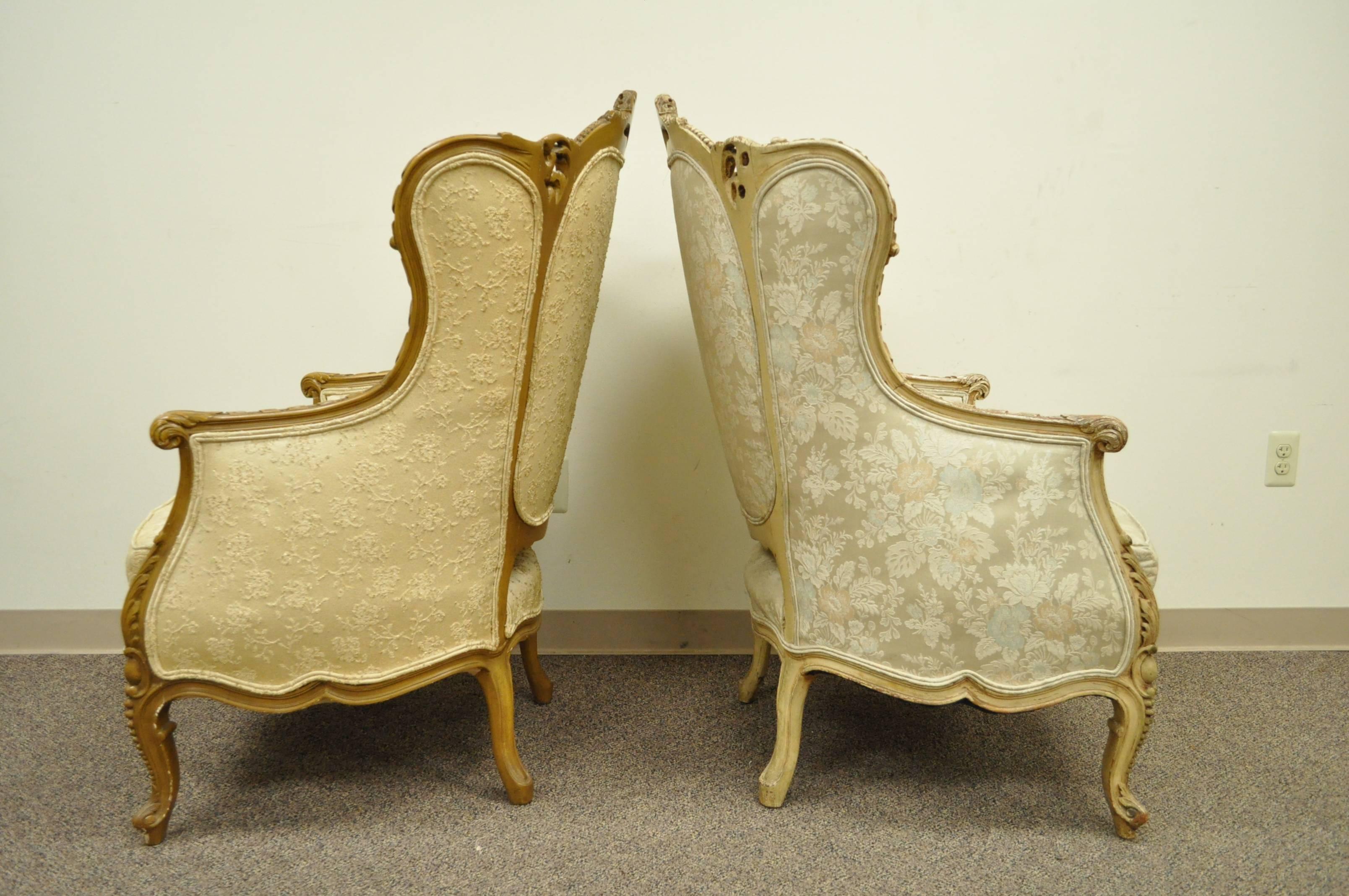 20th Century Pair of 1930's French Louis XV Style Carved Wingback Bergere Armchairs