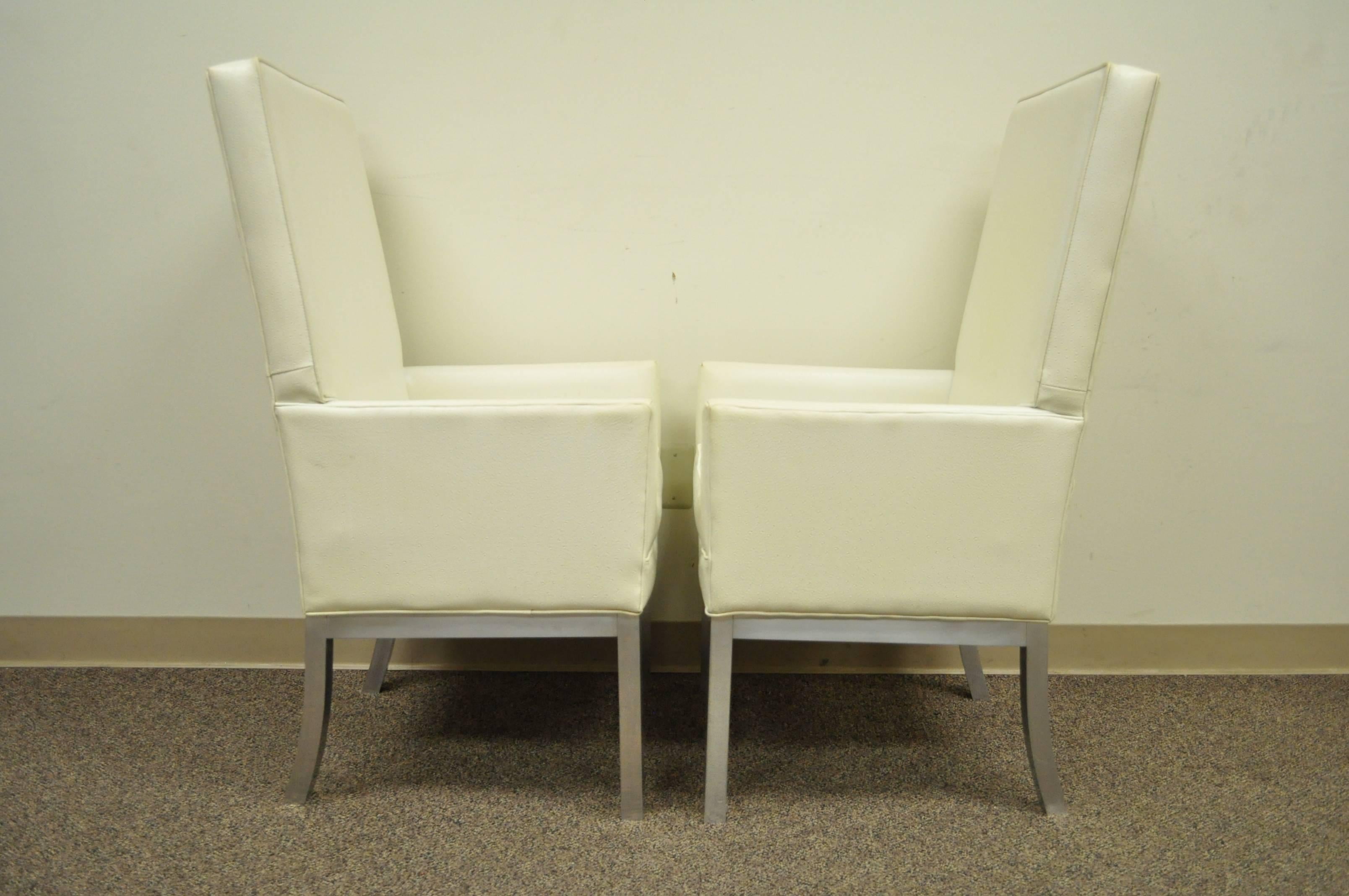 Pair of Mid Century Modern Brushed Aluminum Parsons Style Tall Back Armchairs For Sale 3