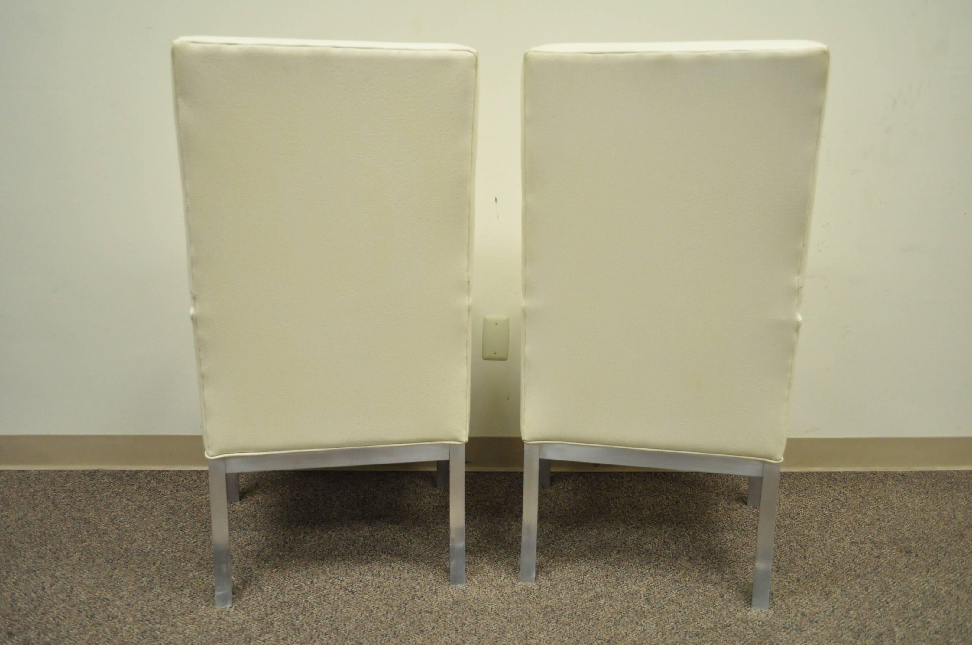 Pair of Mid Century Modern Brushed Aluminum Parsons Style Tall Back Armchairs For Sale 2