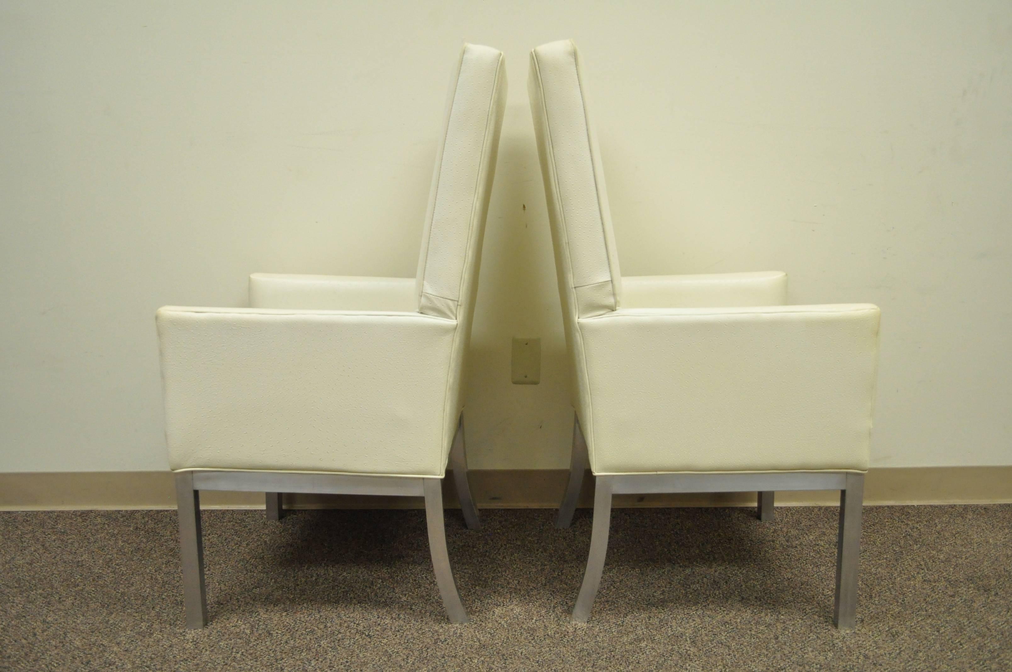 Pair of Mid Century Modern Brushed Aluminum Parsons Style Tall Back Armchairs In Good Condition For Sale In Philadelphia, PA