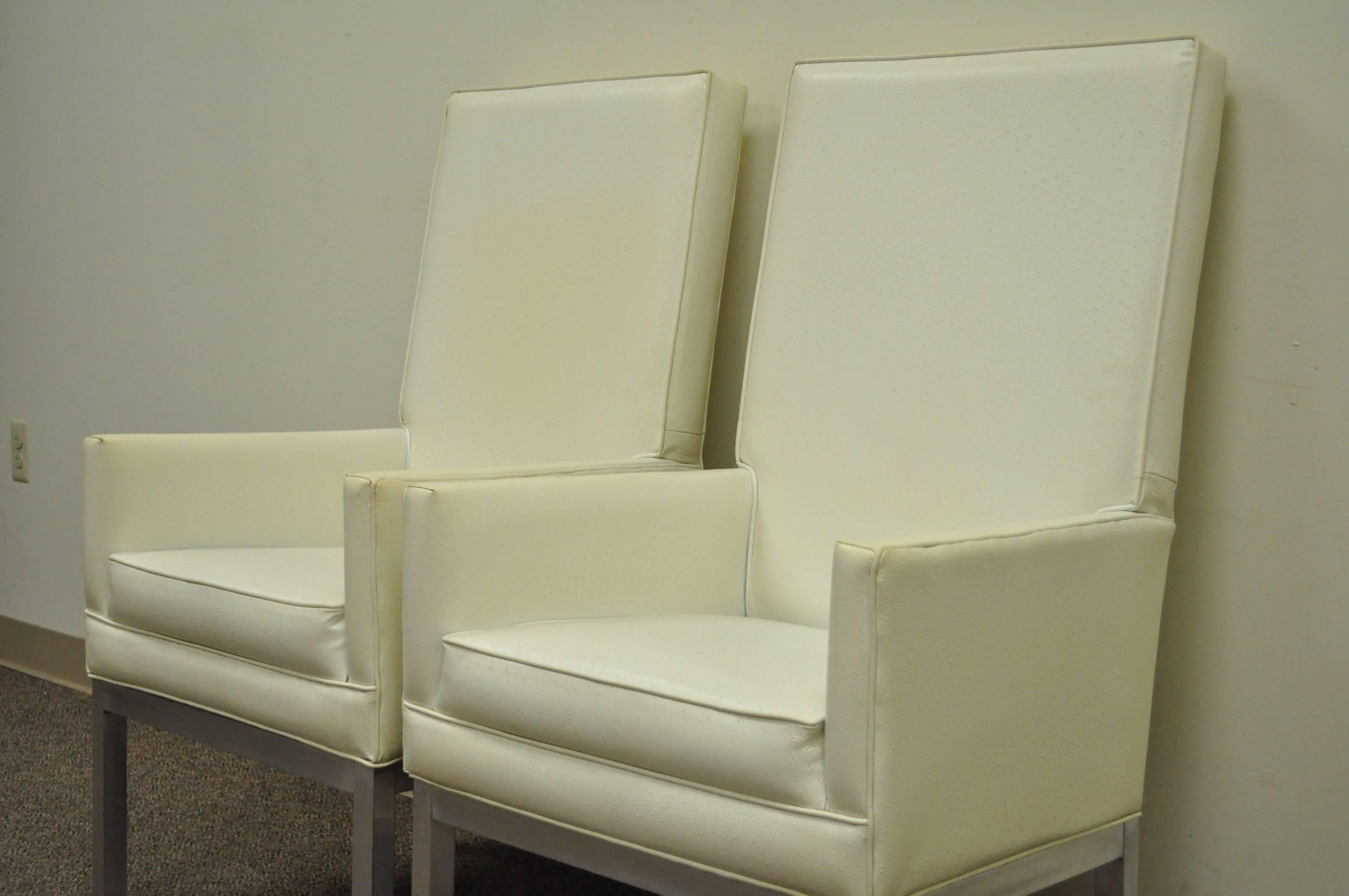Mid-Century Modern Pair of Mid Century Modern Brushed Aluminum Parsons Style Tall Back Armchairs For Sale