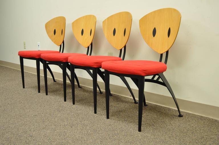 Set of 4 Steel and Maple Memphis Style Dining Chairs by Nia Made in