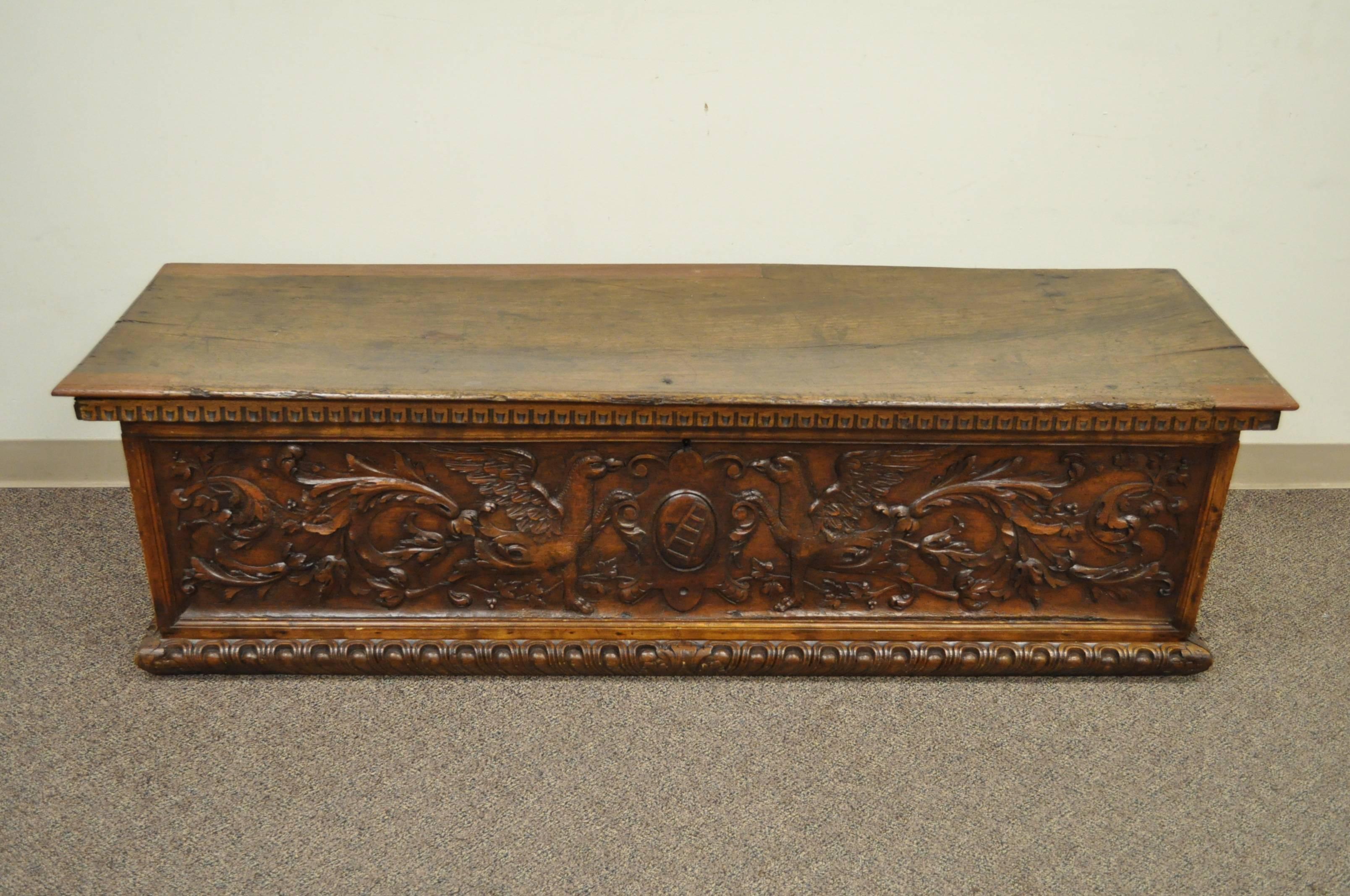 Large 17th Century Figural Carved Griffin Gothic Coffer or Blanket Chest For Sale 1