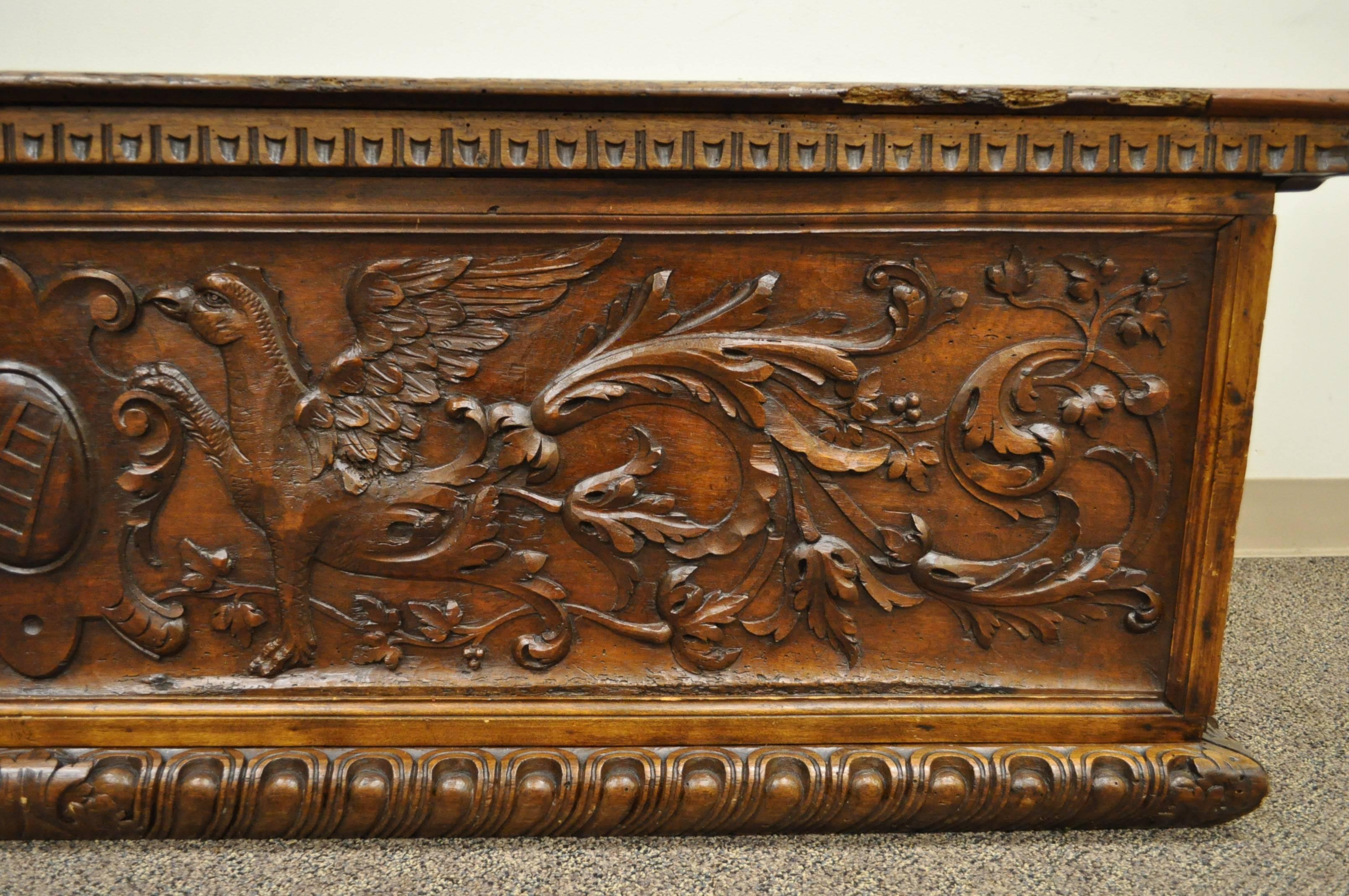 Large 17th Century Figural Carved Griffin Gothic Coffer or Blanket Chest In Good Condition For Sale In Philadelphia, PA
