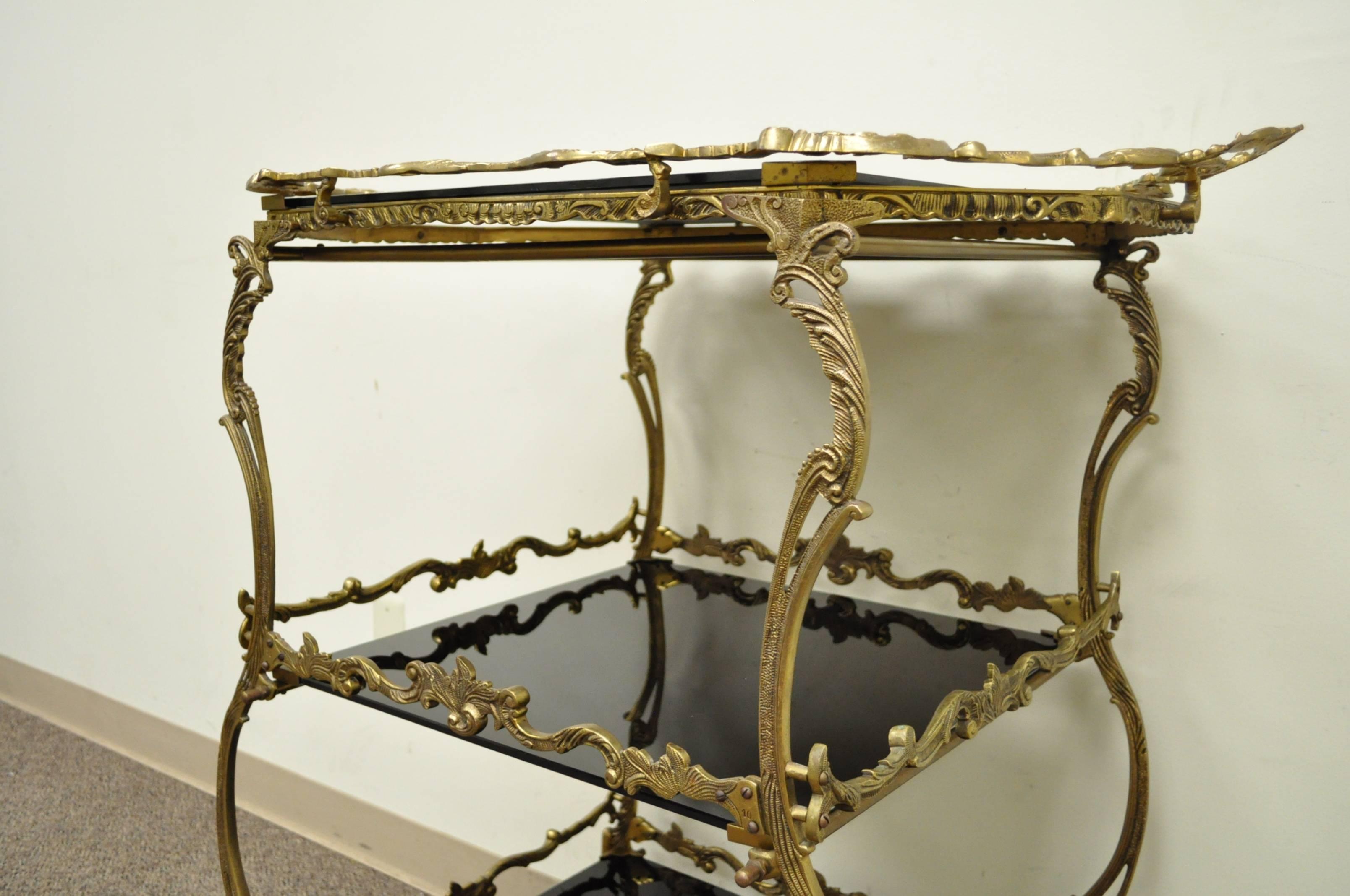 European Ornate French Brass and Black Glass Dessert or Bar Cart with Removable Tray