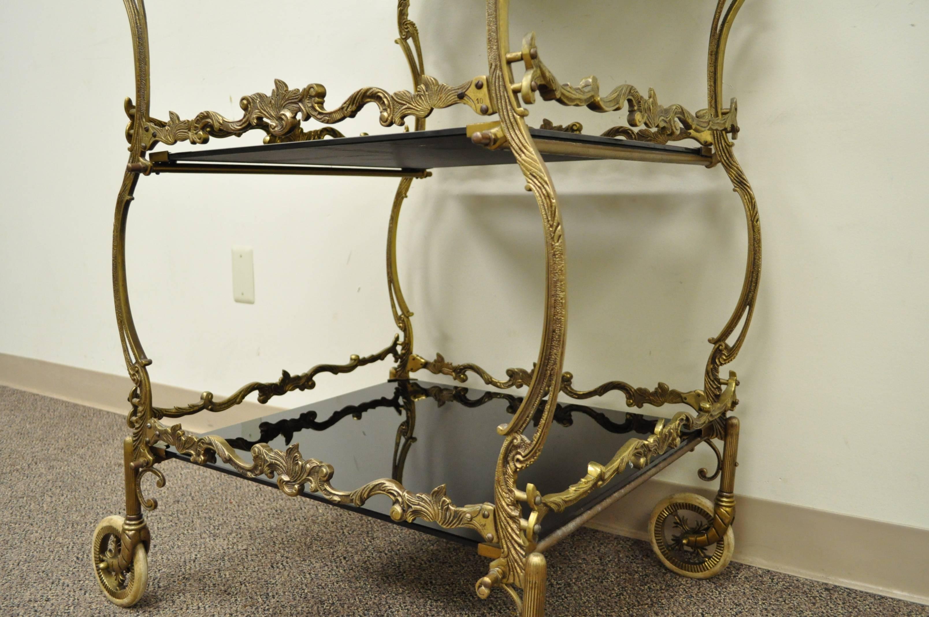 Ornate French Brass and Black Glass Dessert or Bar Cart with Removable Tray In Good Condition In Philadelphia, PA