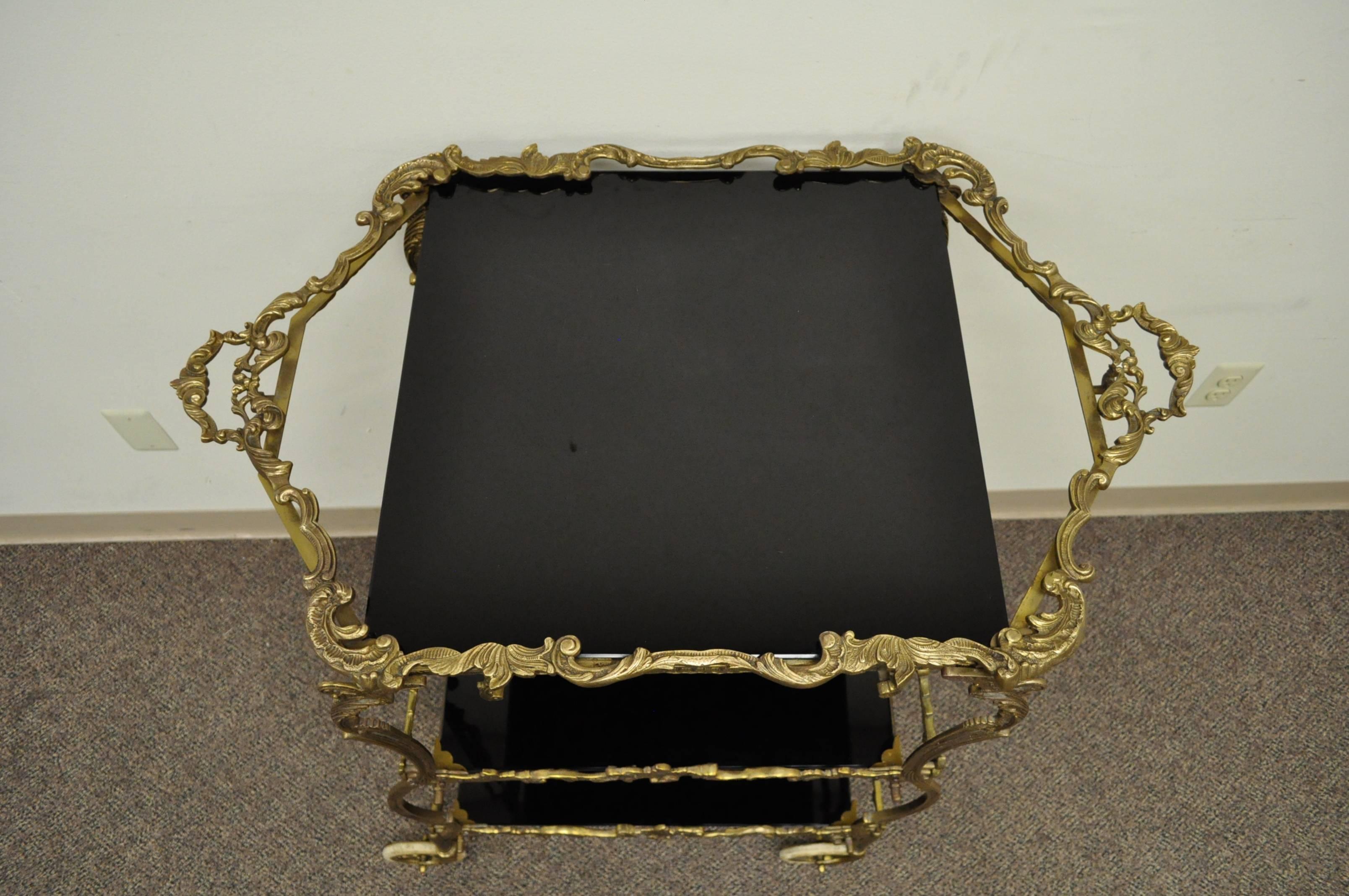 Louis XV Ornate French Brass and Black Glass Dessert or Bar Cart with Removable Tray