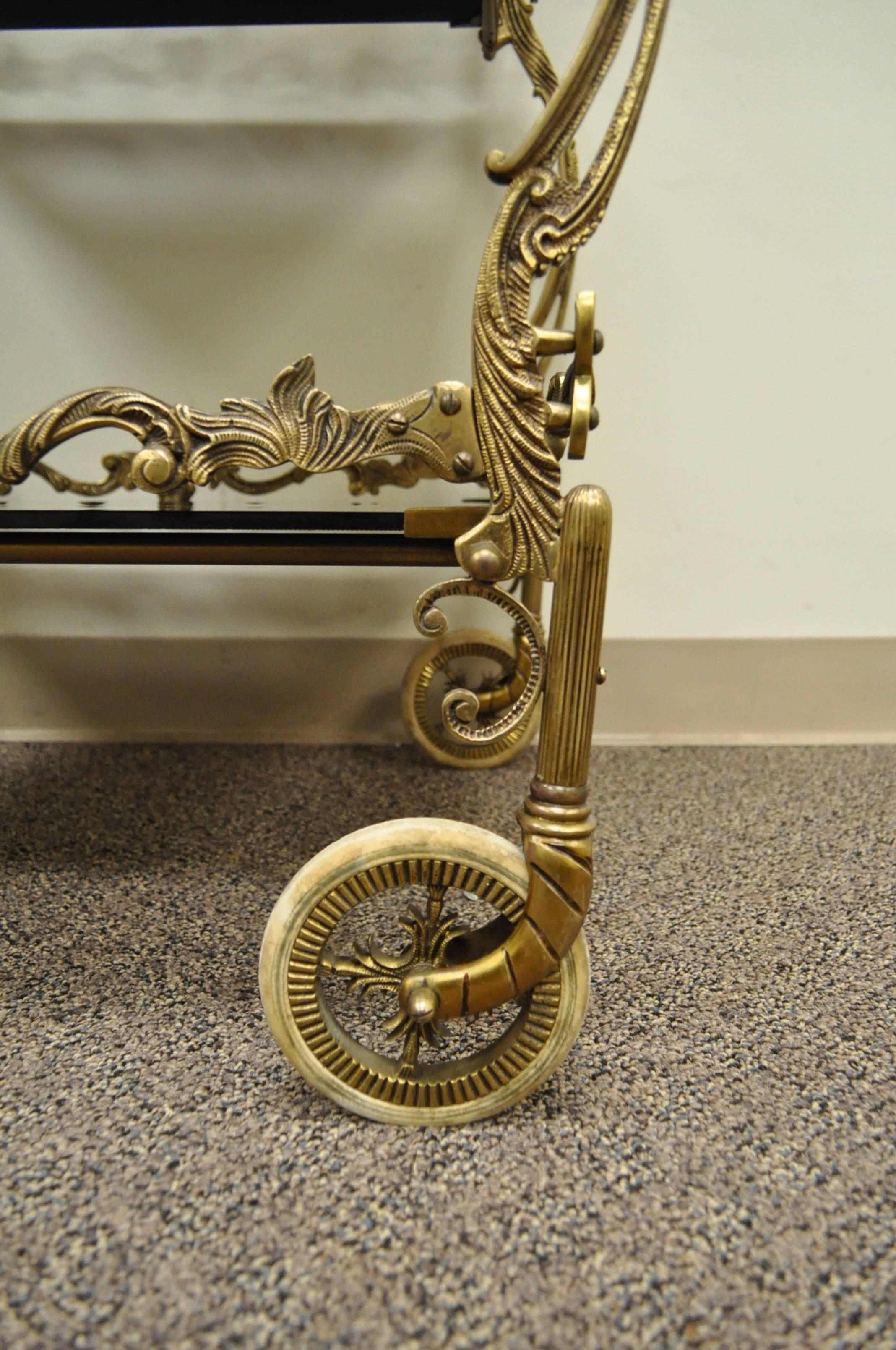 Ornate French Brass and Black Glass Dessert or Bar Cart with Removable Tray 3