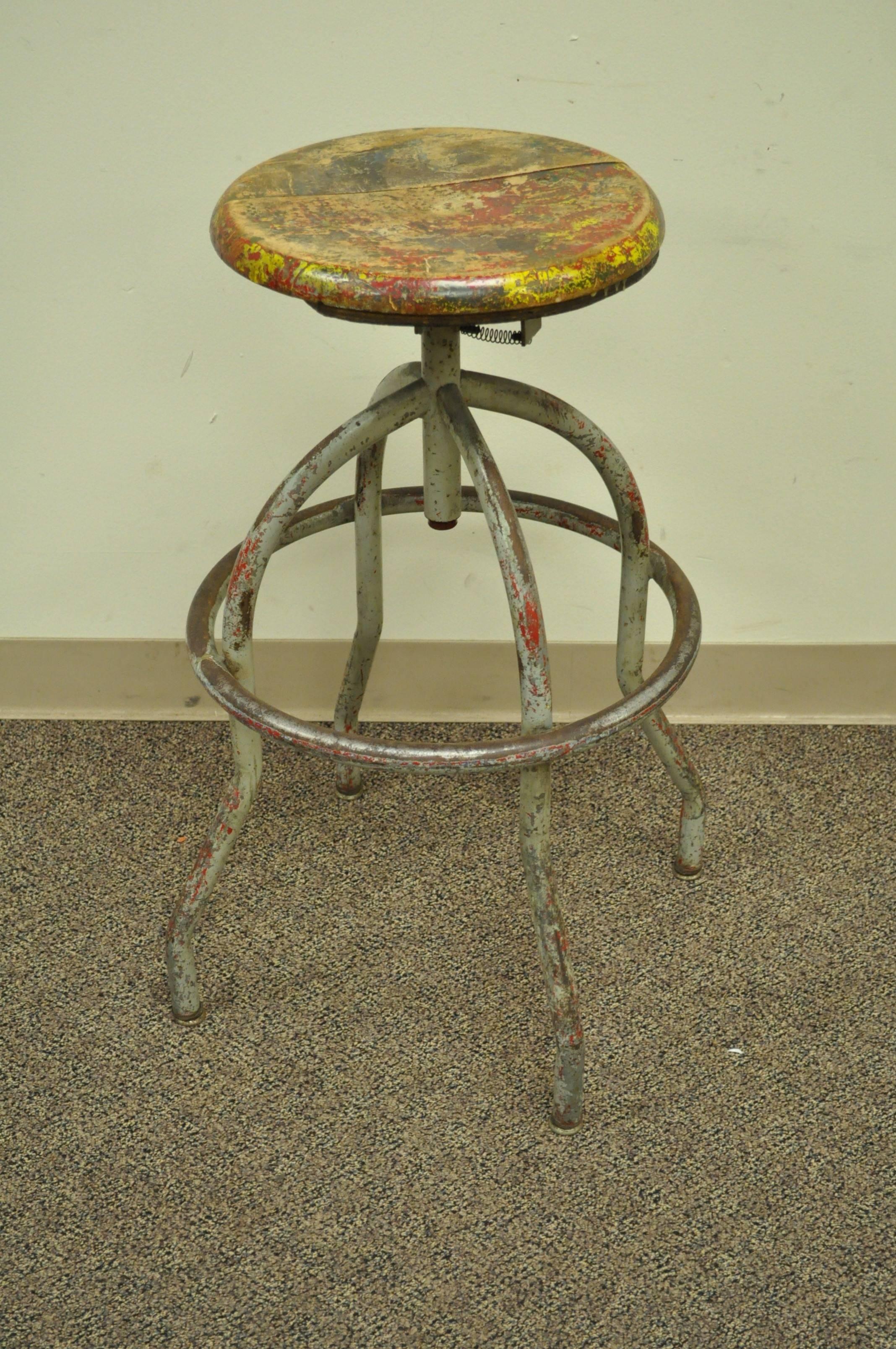 American Vintage Adjustable Wood & Metal Work Stool Artist Painters Drafting Swivel Chair