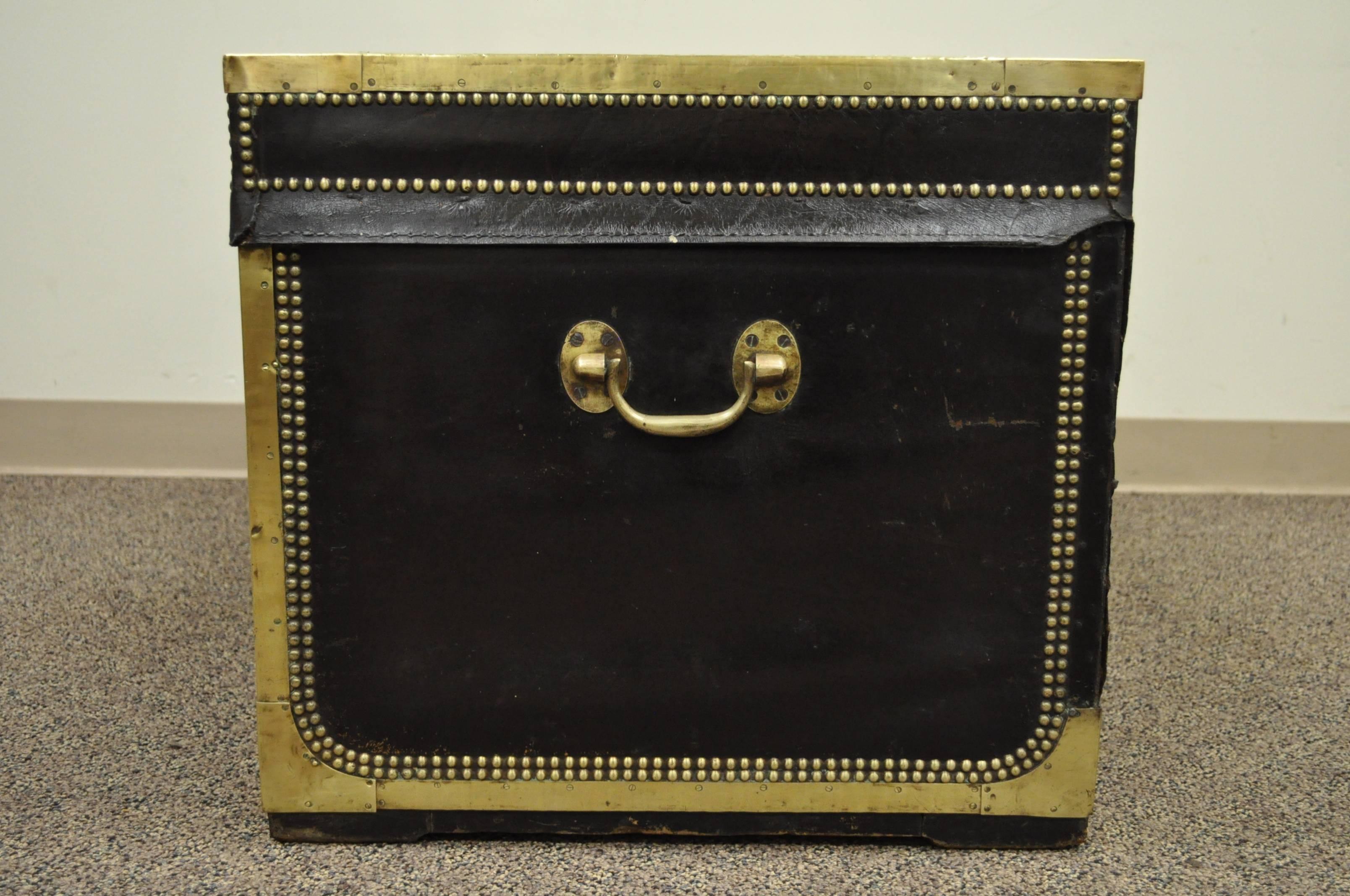 British 19th Century English Campaign Trunk or Chest of Camphor Wood in Leather & Brass