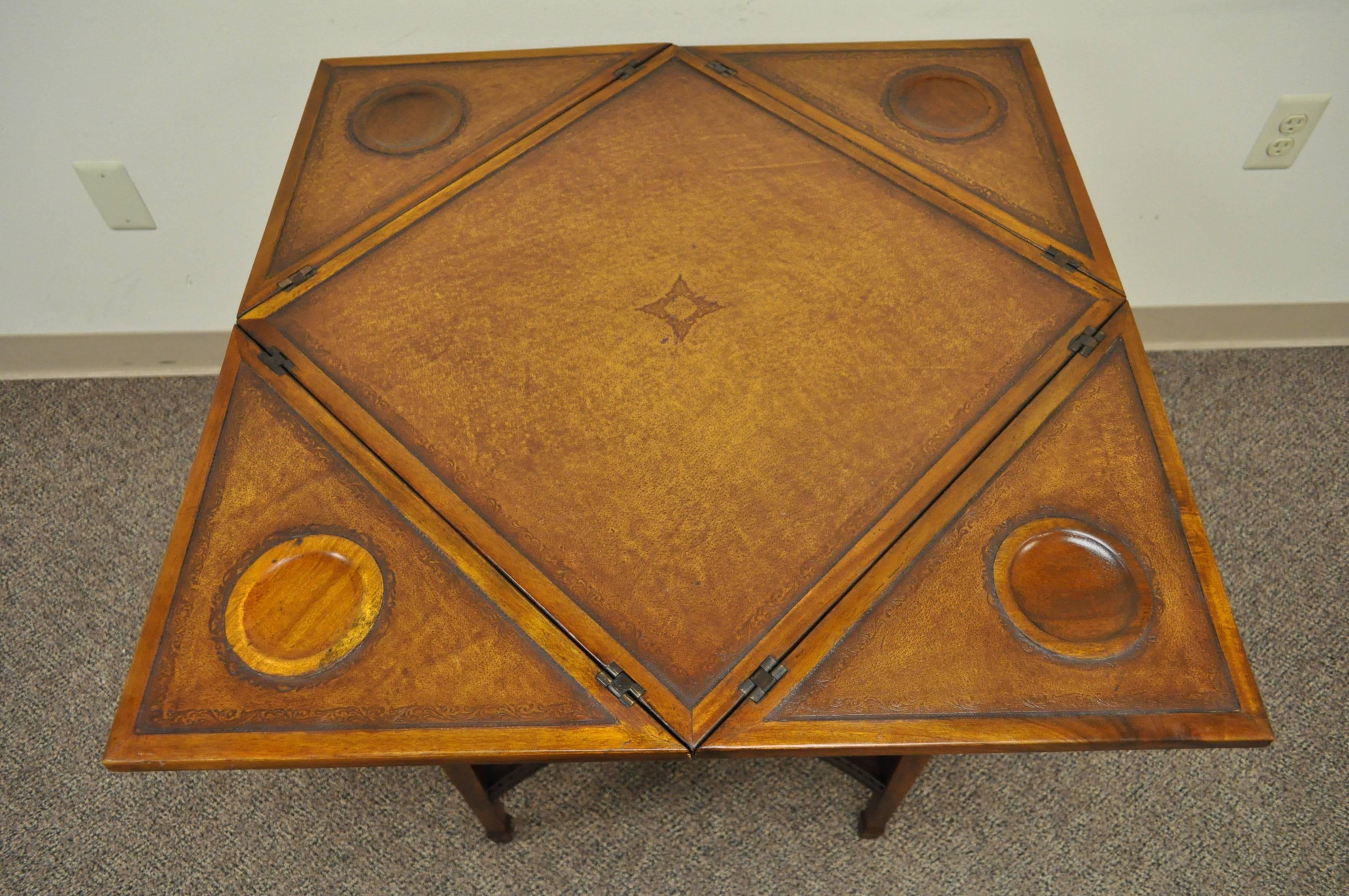Campaign Early 20th C English Tooled Leather Mahogany Napkin Folding Card Game Side Table