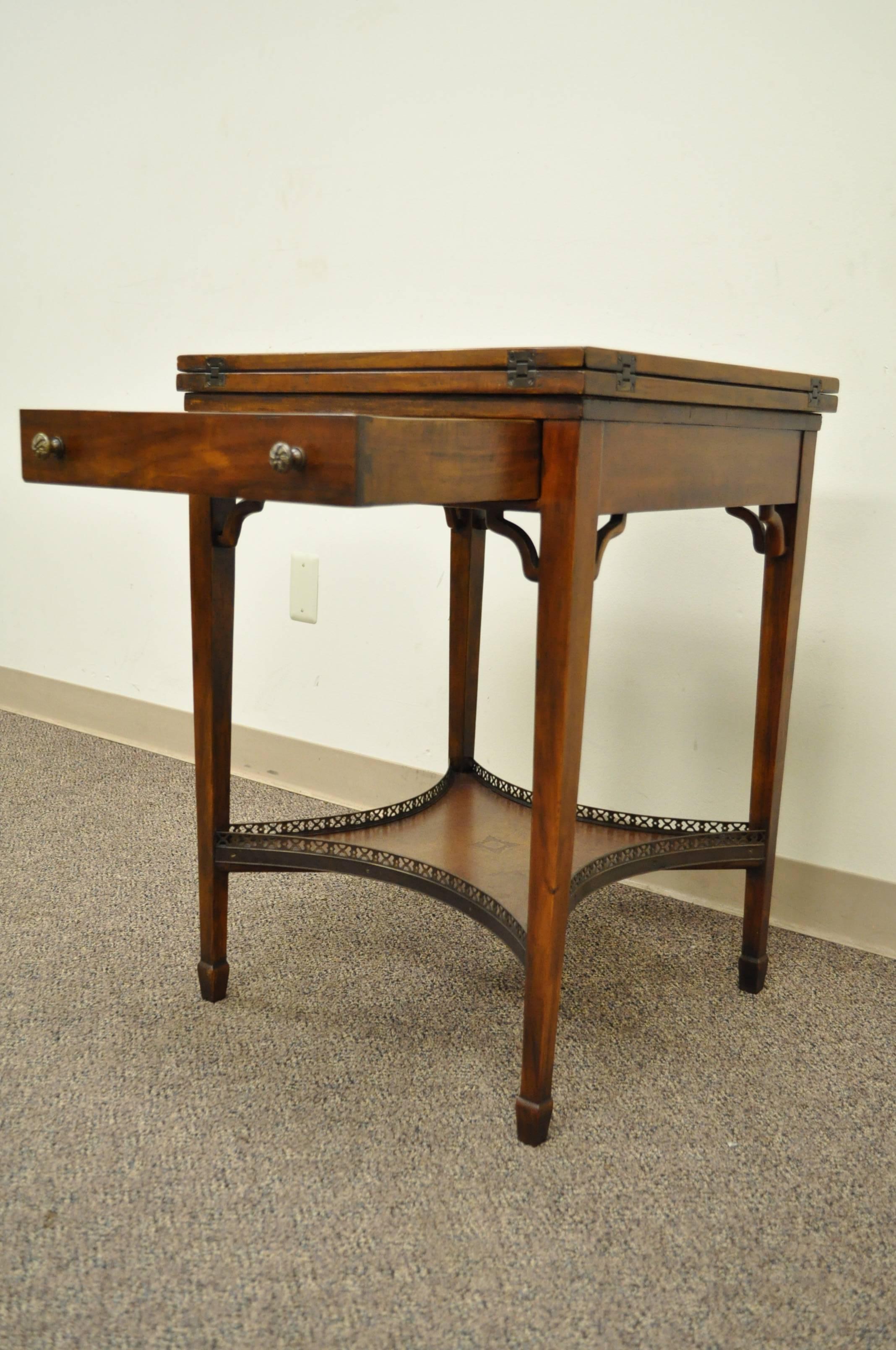 Early 20th C English Tooled Leather Mahogany Napkin Folding Card Game Side Table In Good Condition In Philadelphia, PA