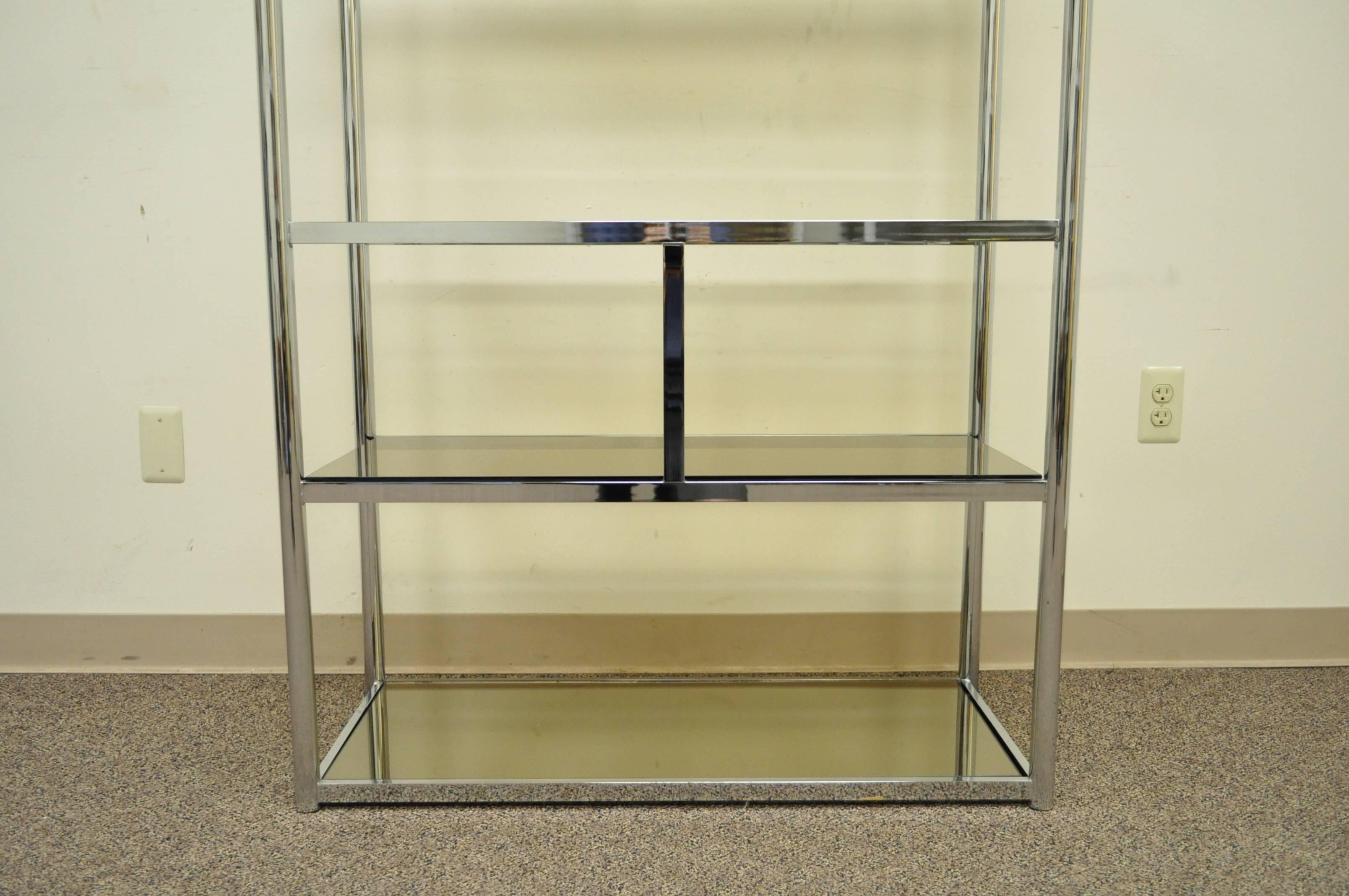 American Pair Hollywood Regency Directoire Chrome Glass Etageres Bookcase Display Shelf