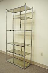 Pair Hollywood Regency Directoire Chrome Glass Etageres Bookcase Display Shelf