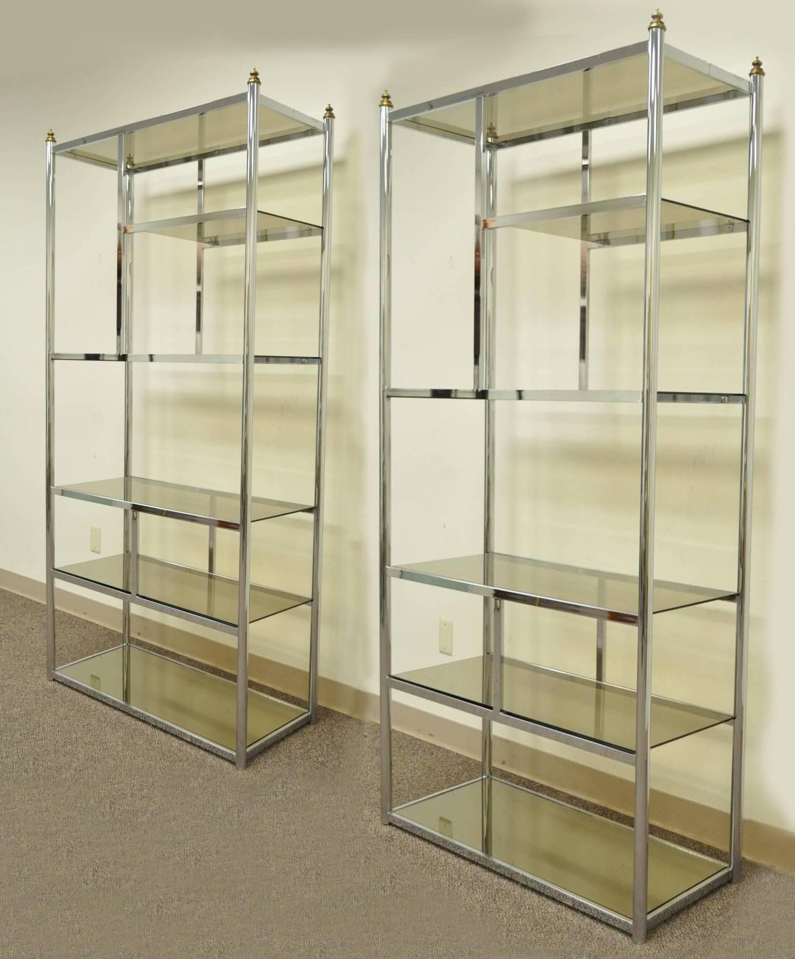 Pair Hollywood Regency Directoire Chrome Glass Etageres Bookcase Display Shelf 1