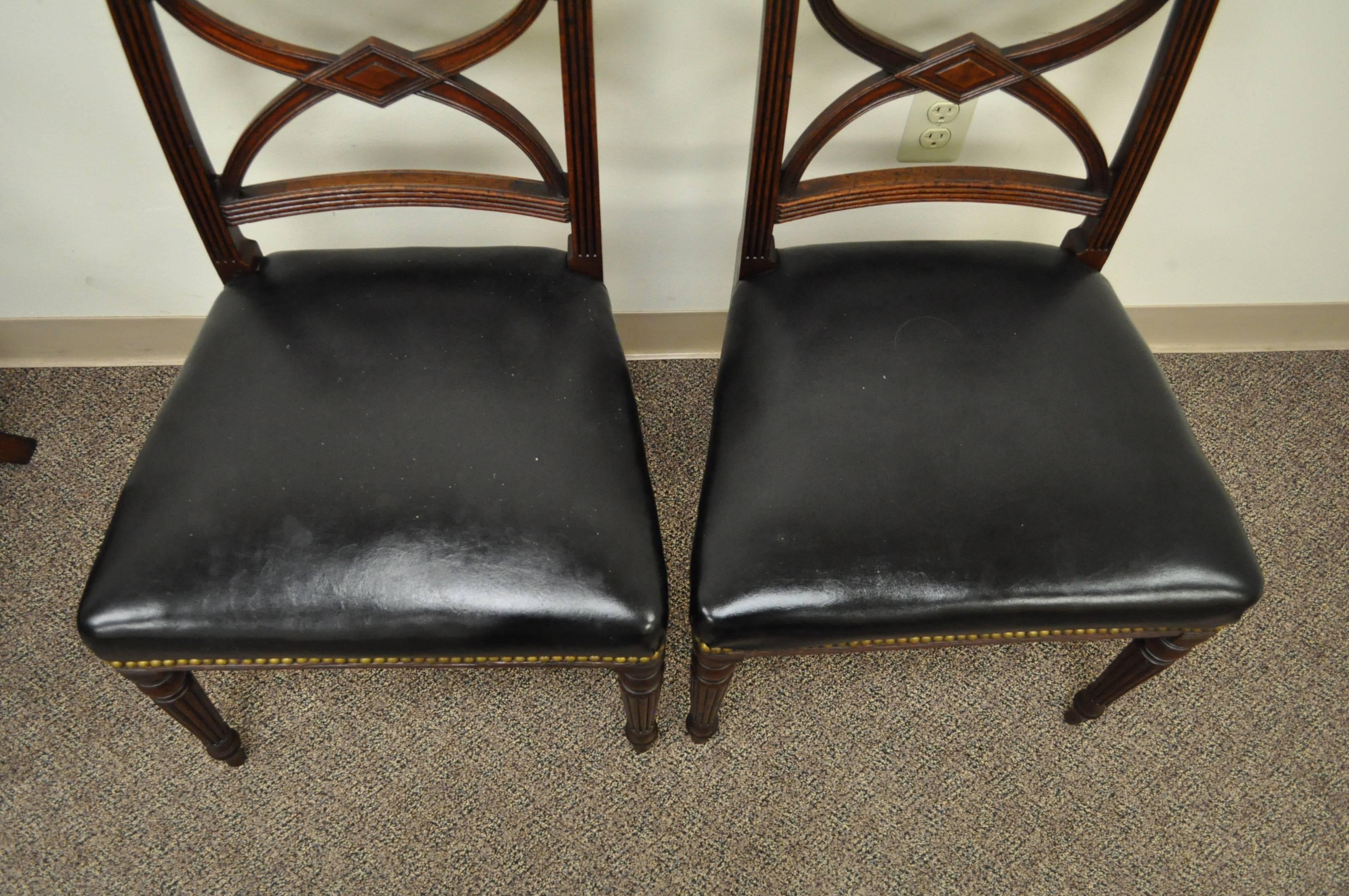 Leather Set of 6 Custom English Regency Carved Solid Mahogany Library Dining Side Chairs