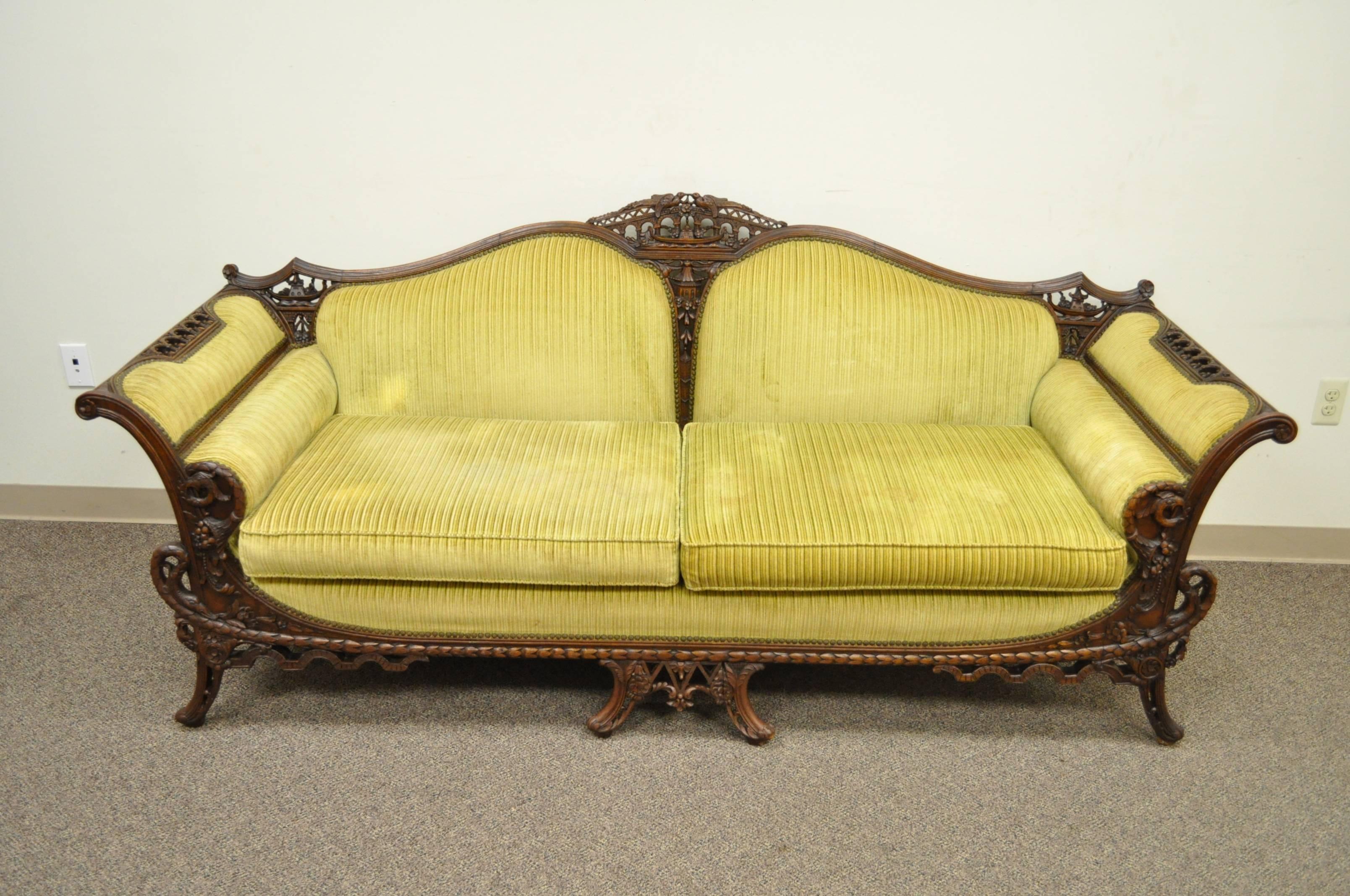 1930s Mahogany Chinese Chippendale Transitional Swan and Serpent Carved Sofa 2