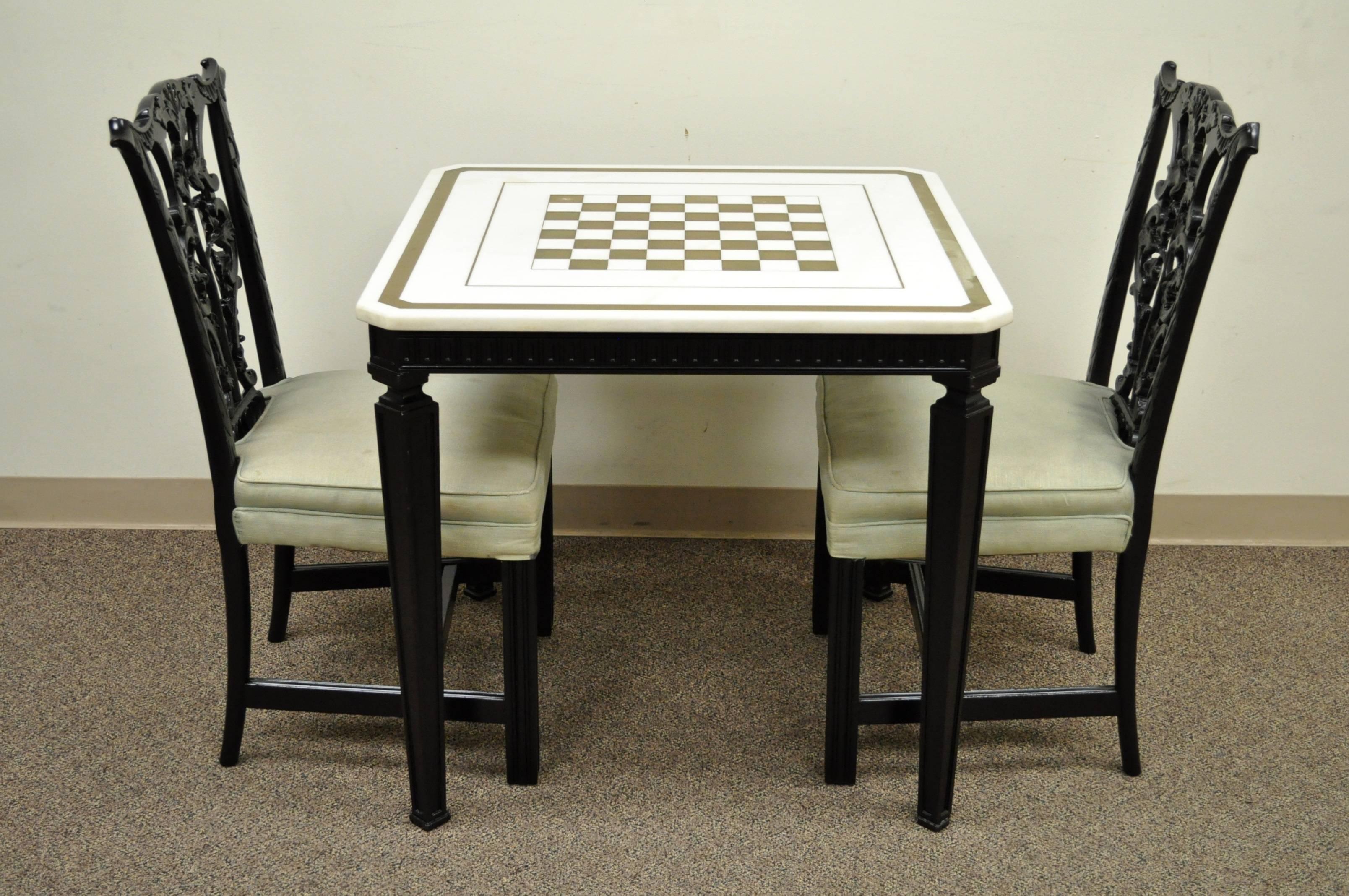 1940s Chippendale or George III Style Marble-Top Game Table Set with Two Chairs 2