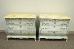 Pair of Custom Blue Distress Painted French Louis XV Style Bombe Commodes Chests