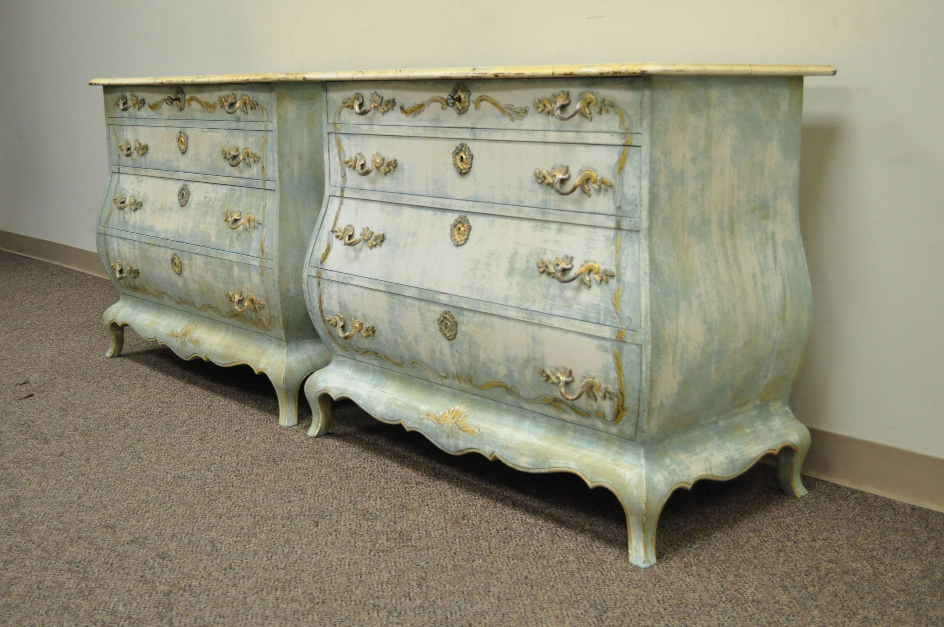 Pair of Custom Blue Distress Painted French Louis XV Style Bombe Commodes Chests 3