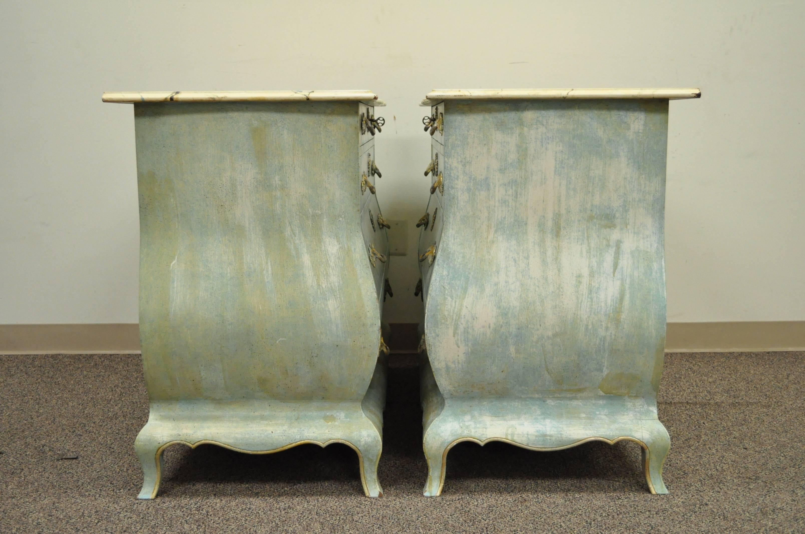 Wood Pair of Custom Blue Distress Painted French Louis XV Style Bombe Commodes Chests