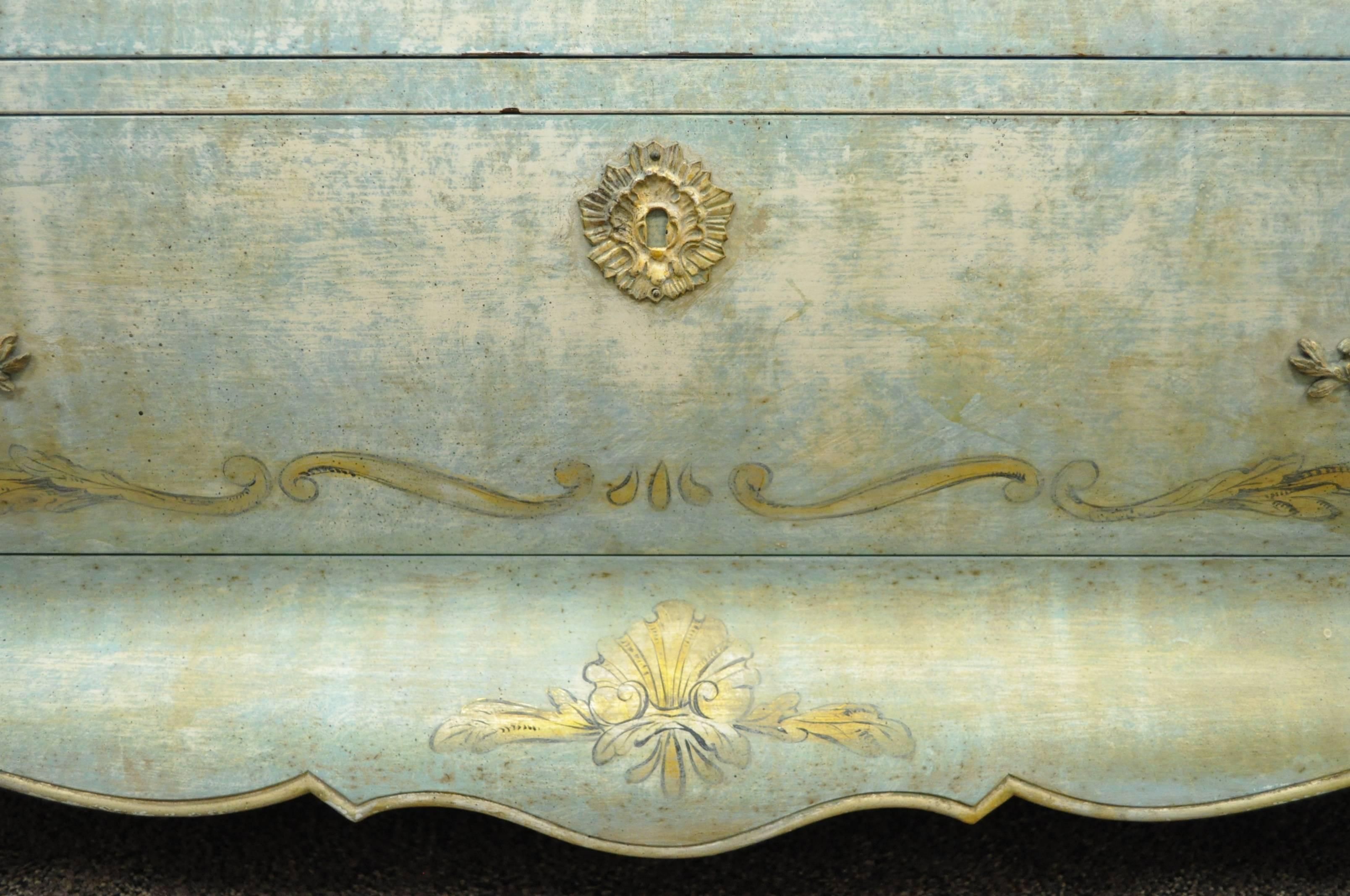 20th Century Pair of Custom Blue Distress Painted French Louis XV Style Bombe Commodes Chests