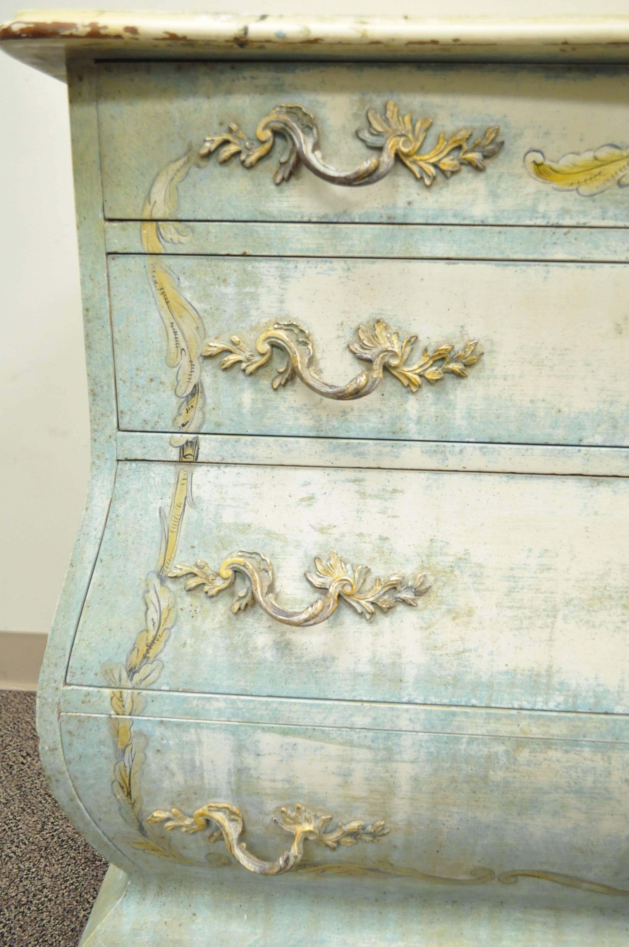 Pair of Custom Blue Distress Painted French Louis XV Style Bombe Commodes Chests In Distressed Condition In Philadelphia, PA