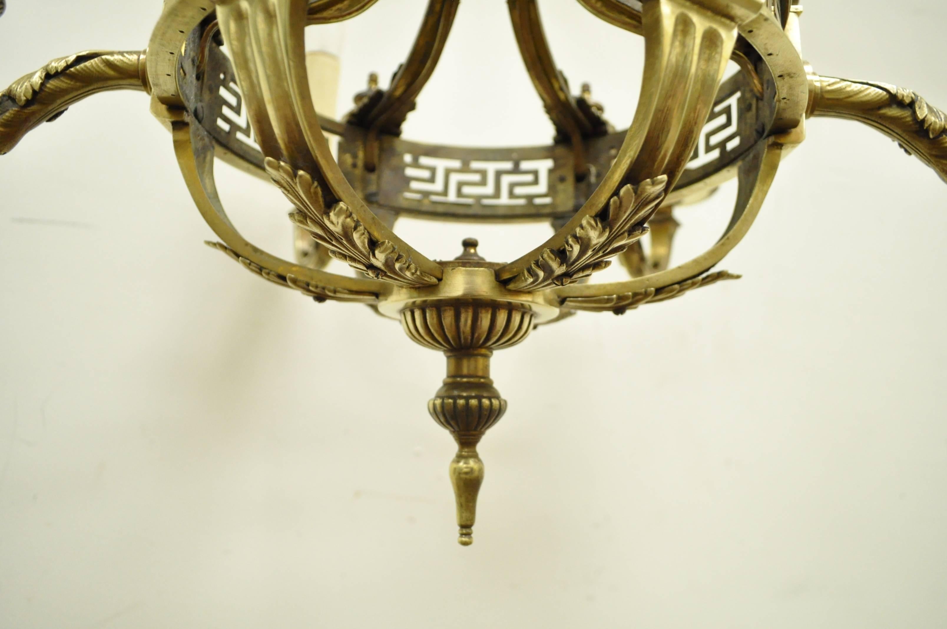 Early 20th Century French Neoclassical Style Bronze Greek Key Chandelier In Excellent Condition For Sale In Philadelphia, PA