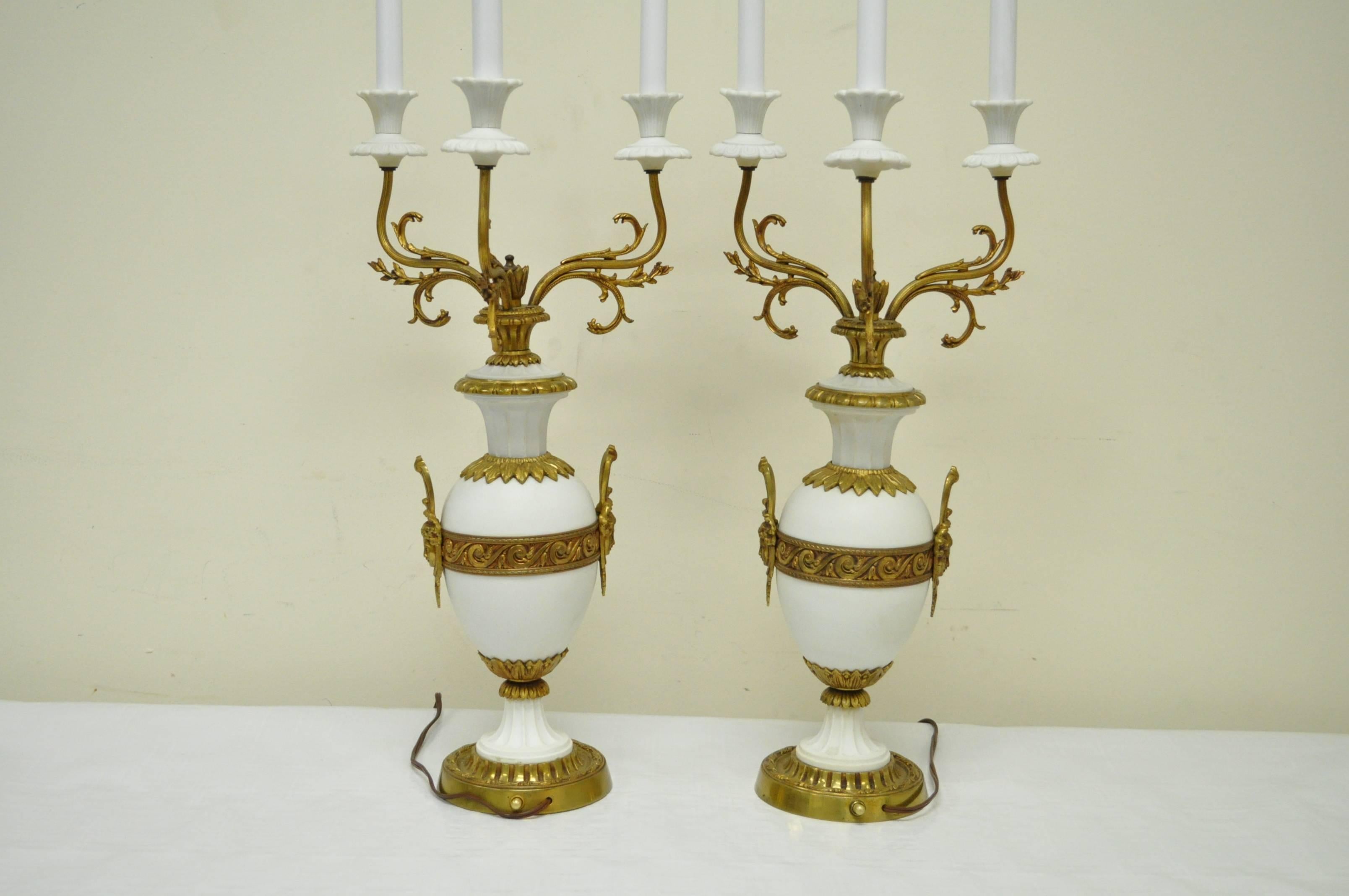 Pair of French Louis XV / XVI Style Bronze and Porcelain Candelabra Table Lamps For Sale 5