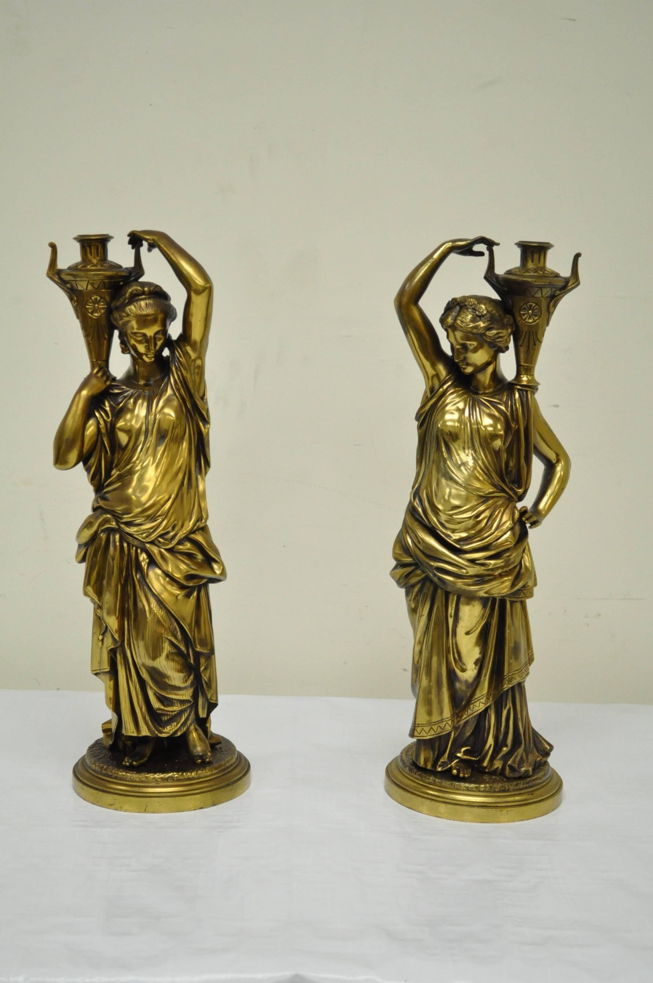 Pair of 19th Century French Classical Finely Cast Bronze Maiden Statues For Sale 3