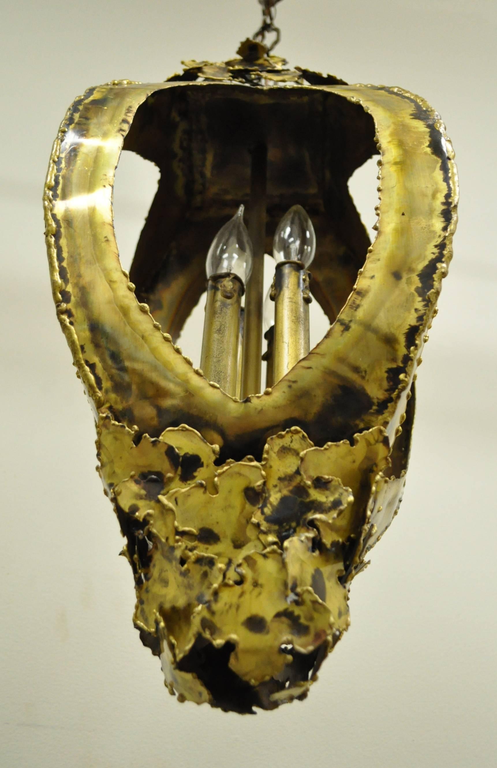 20th Century Brutalist Torch Cut Brass Chandelier Swag Pendant by Tom Greene for Feldman