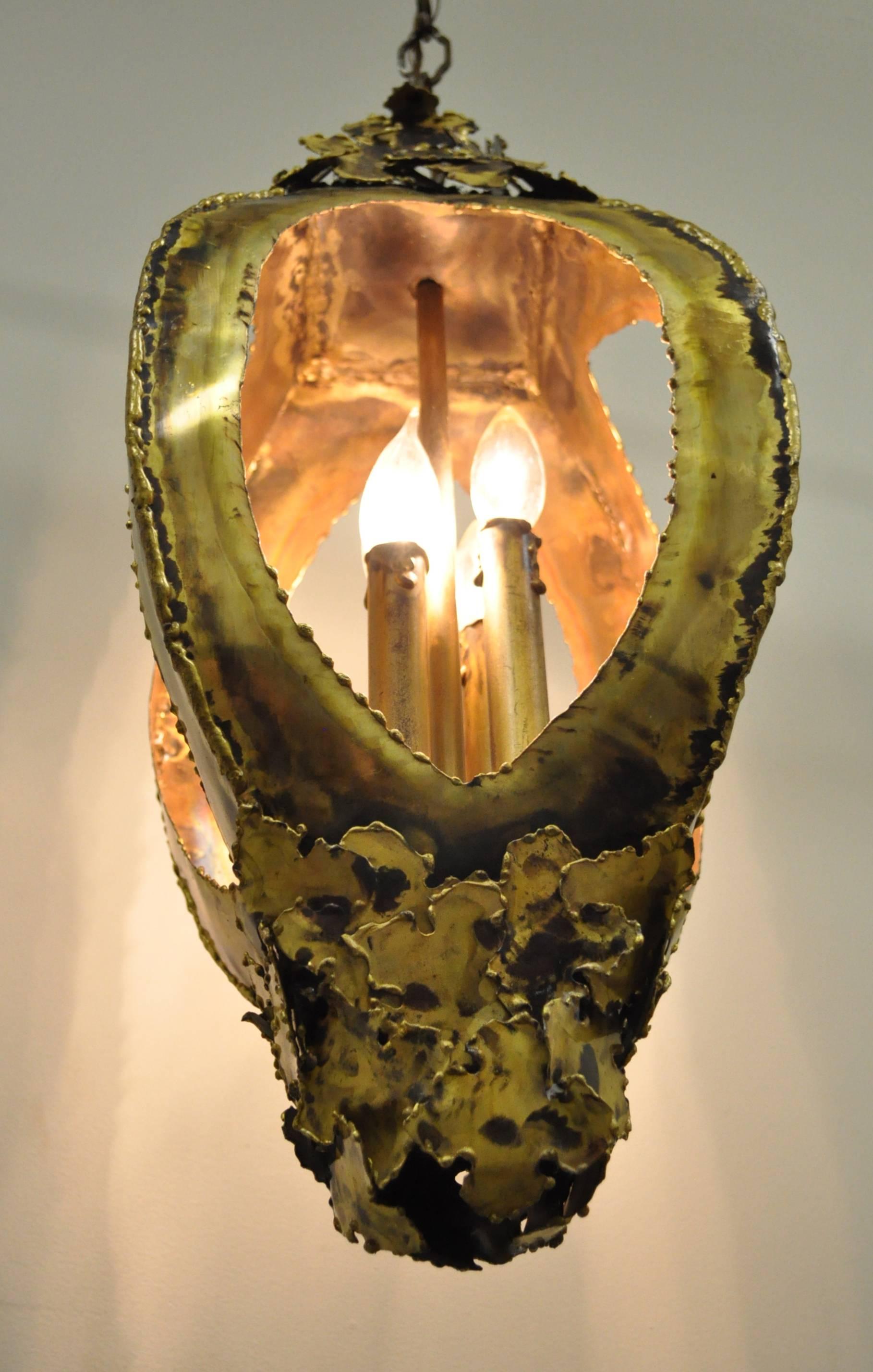 Brutalist Torch Cut Brass Chandelier Swag Pendant by Tom Greene for Feldman 4