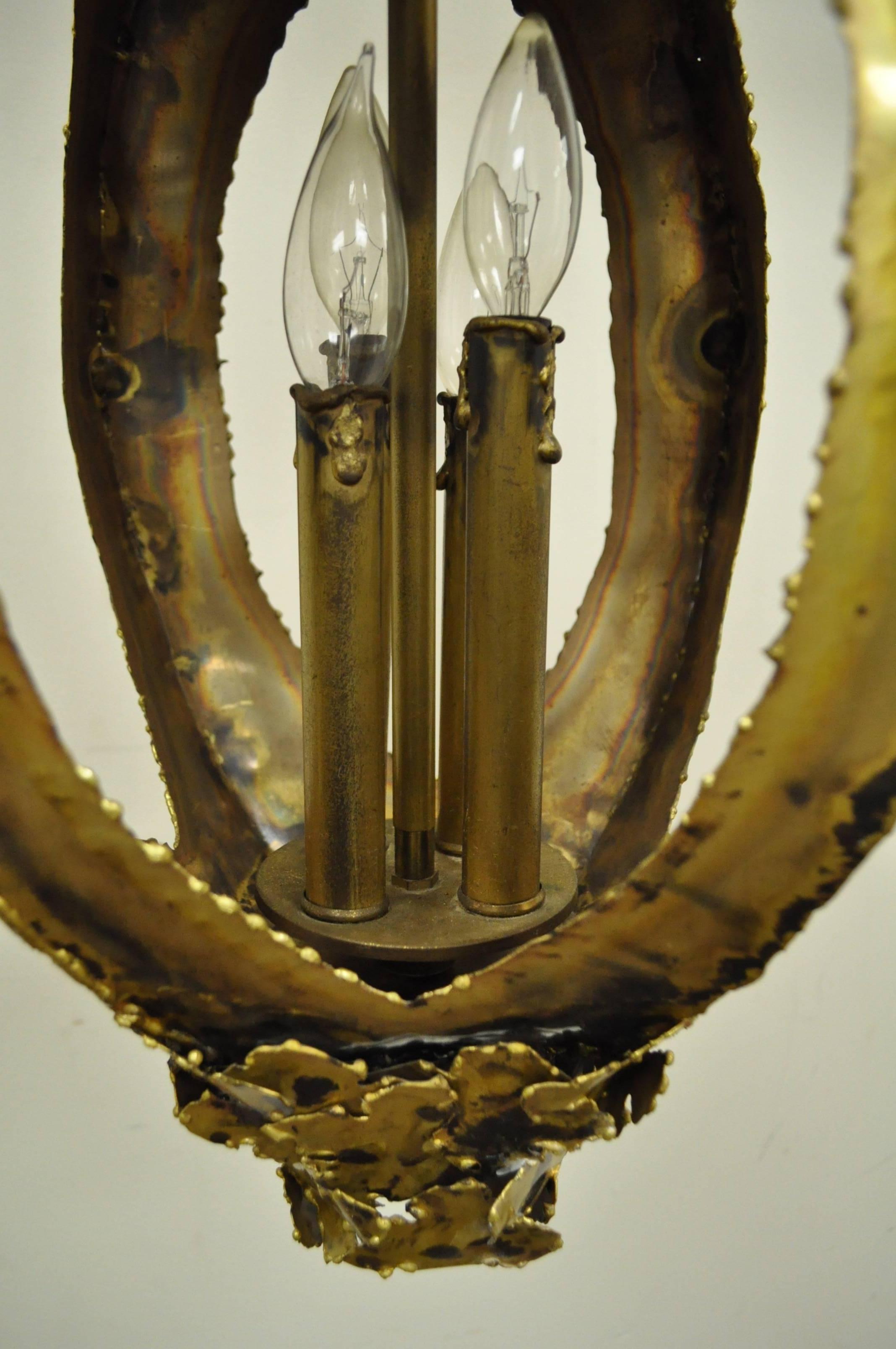 Brutalist Torch Cut Brass Chandelier Swag Pendant by Tom Greene for Feldman 1
