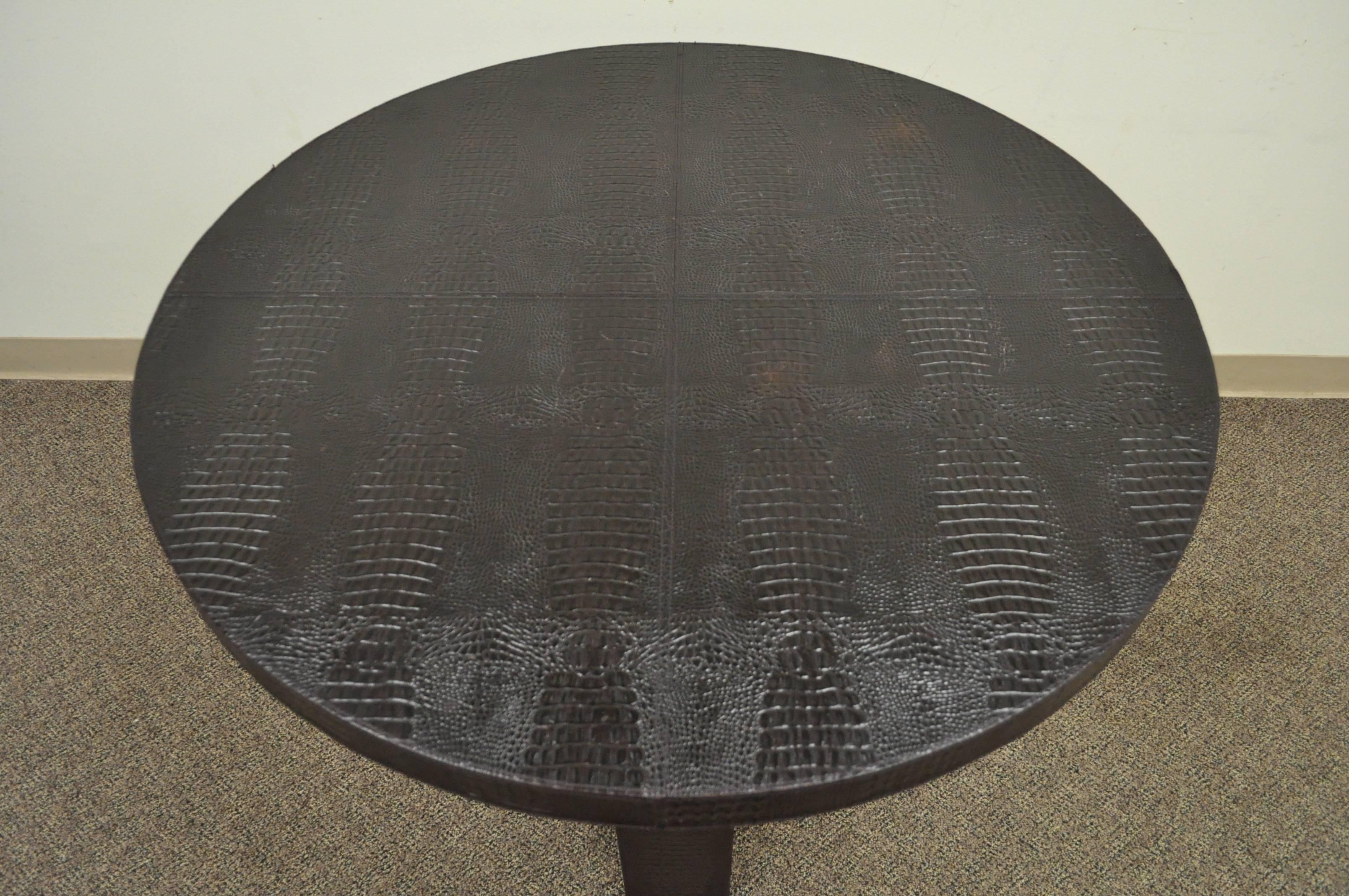 High style designer center table by Serge de Troyer. Table features an alligator or crocodile embossed Italian leather stitched and wrapped frame, X-form base and great modernist form.