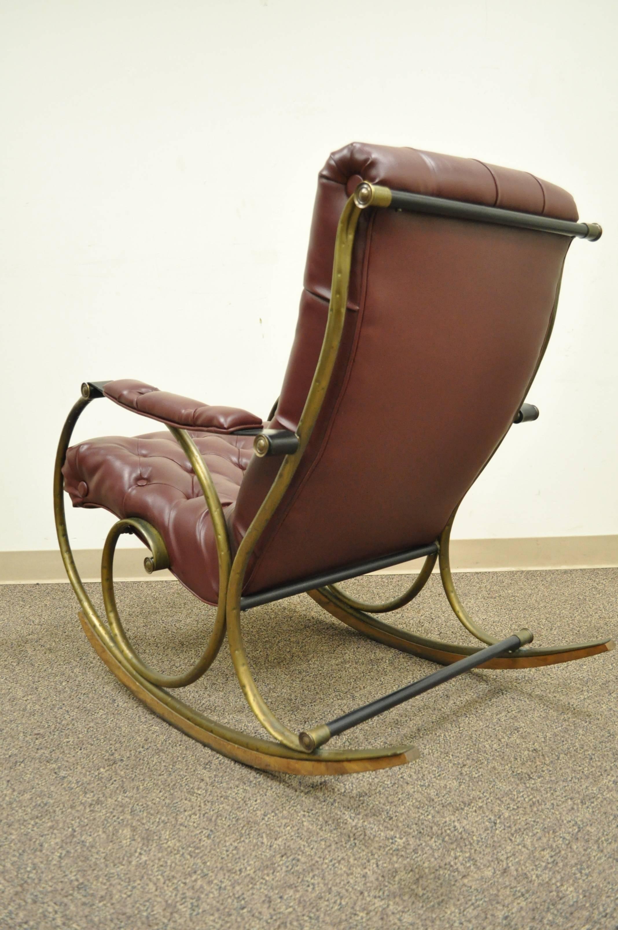 Mid-Century Lee Woodard Tubular Brass Rocking Chair or Rocker in Tufted Vinyl In Excellent Condition In Philadelphia, PA