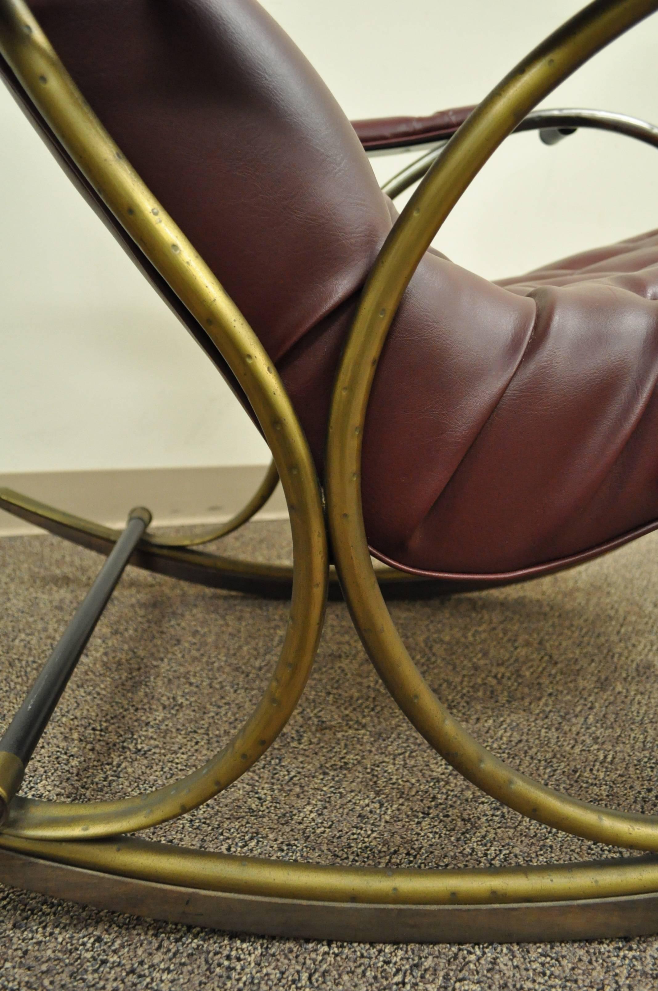 American Mid-Century Lee Woodard Tubular Brass Rocking Chair or Rocker in Tufted Vinyl